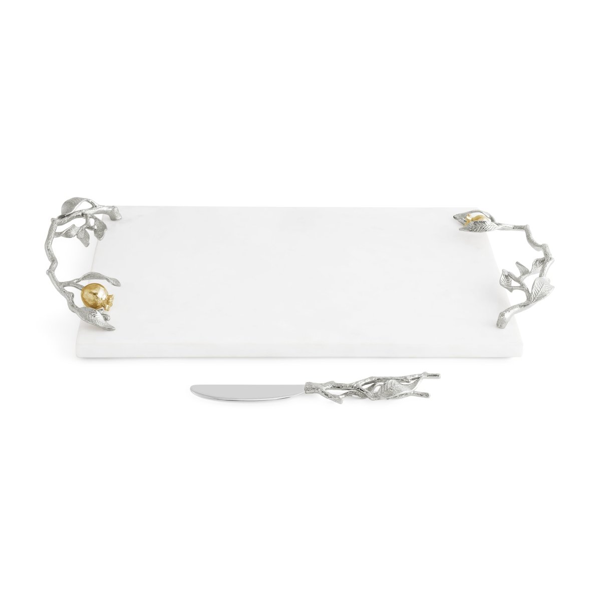 Elegant Pomegranate Silver & Gold Cheese Board Set with Spreader - Perfect for Wine Parties, Charcuterie Platters & Holiday Entertaining