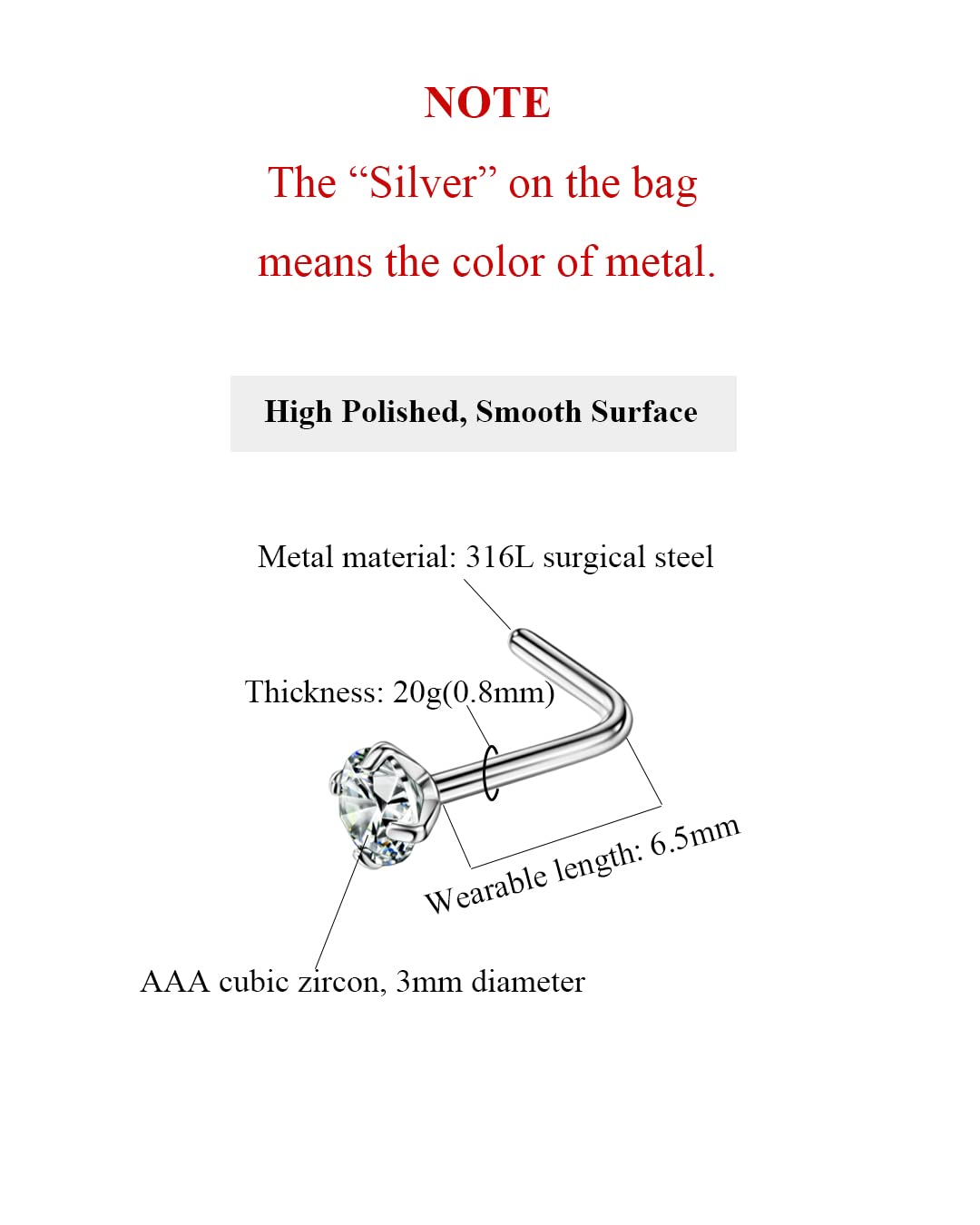 FANSING L-Shaped Nose Studs for Women & Men - Surgical Steel Nose Rings with Cubic Zirconia - Hypoallergenic Nostril Piercing Jewelry - Perfect for Everyday Wear, Parties & Special Occasions