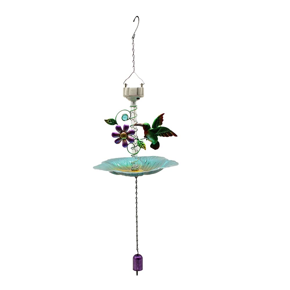 Solar Powered Bird Feeder with LED Light - Outdoor Hanging Metal Seed Tray & Wind Chime Decor (2-in-1) - Attracts Hummingbirds & Wild Birds - Perfect for Garden, Patio, Backyard & Bird Watching Enthusiasts