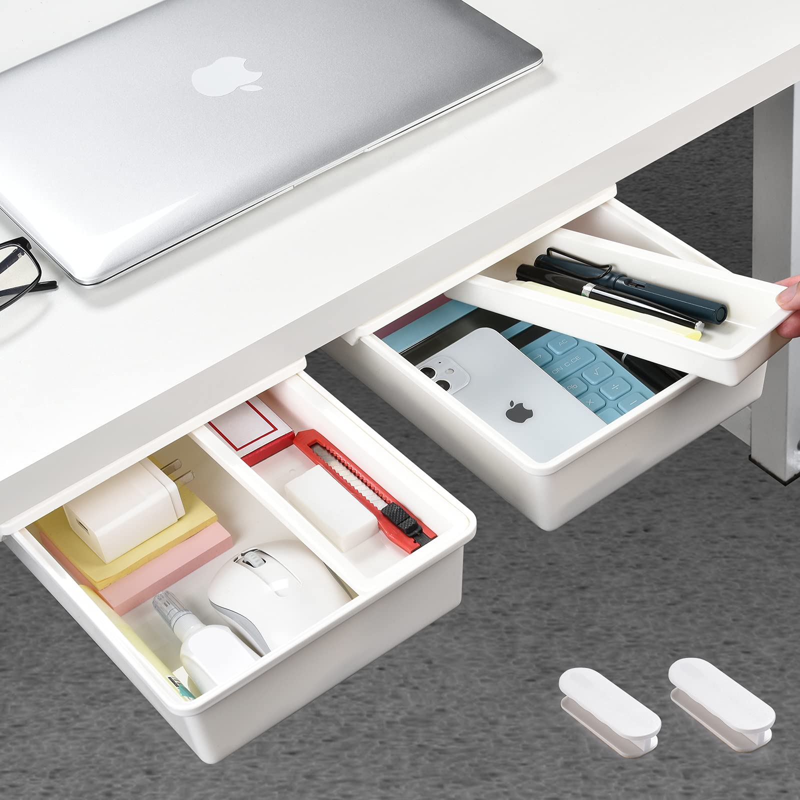 Under Desk Drawer Organizer [2-Pack] - Self-Adhesive Storage for Office, Bedroom, School & Kitchen - Holds Phones, Pens, Pencils, Keys, Cutlery & More - Perfect Space-Saving Solution for Clutter-Free Workspaces & Home Organization