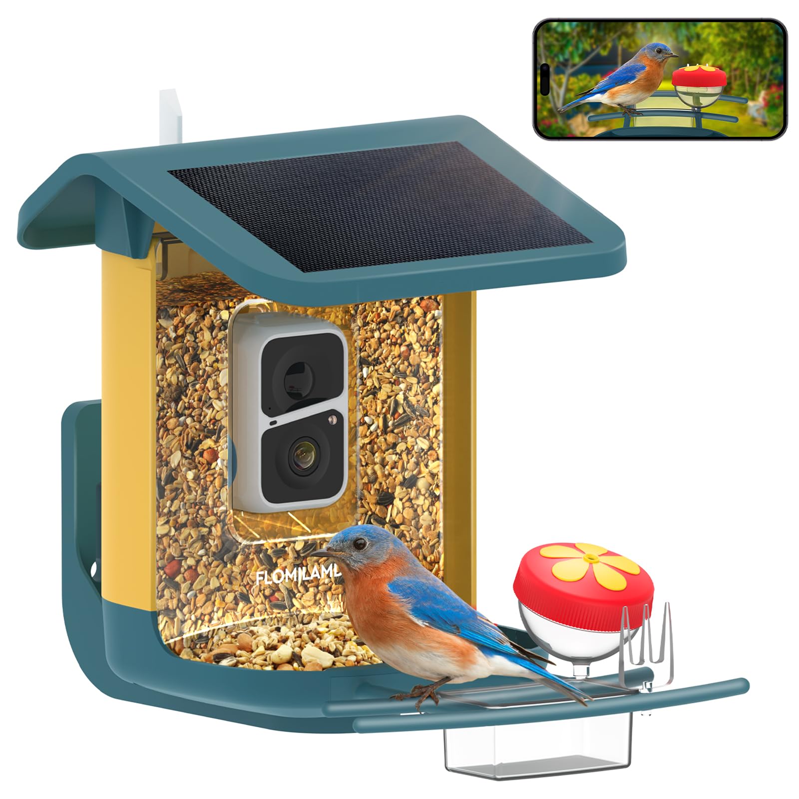 Smart AI Bird Feeder with Camera - Wireless Outdoor Solar Powered, 2K Live View, Auto Capture & APP Alerts, Color Night Vision, Bird Species Identification (FL006) - Perfect for Backyard Bird Watching & Wildlife Monitoring