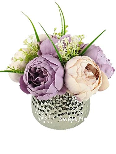 Luxury Silk Peony Flower Arrangement in Silver Ceramic Vase - Elegant Home Decor, Wedding Centerpiece, Table Decor (Lavender) | Perfect for Living Room, Dining Table, and Special Events