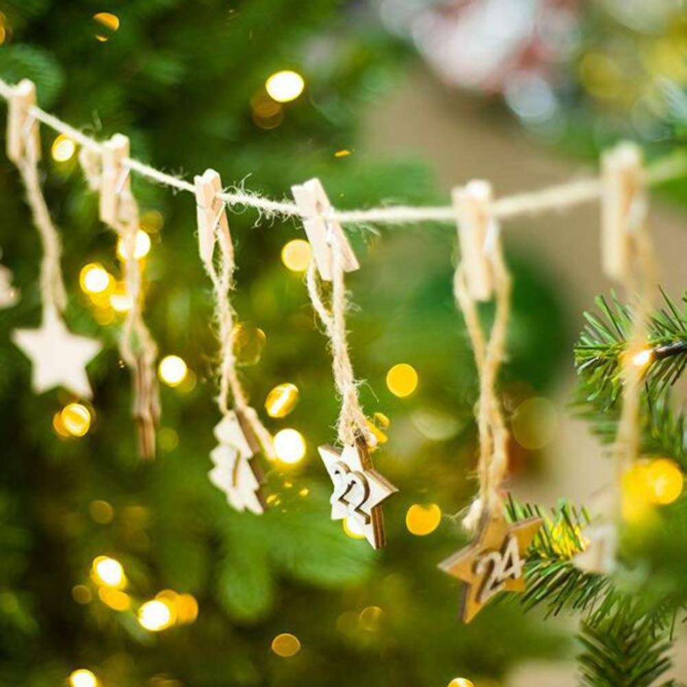 24Pcs Wooden Star Christmas Advent Calendar Tags 1-24, DIY Hanging Tree Decor with Natural Wood Grain - Perfect for Holiday Countdown & Festive Home Decoration
