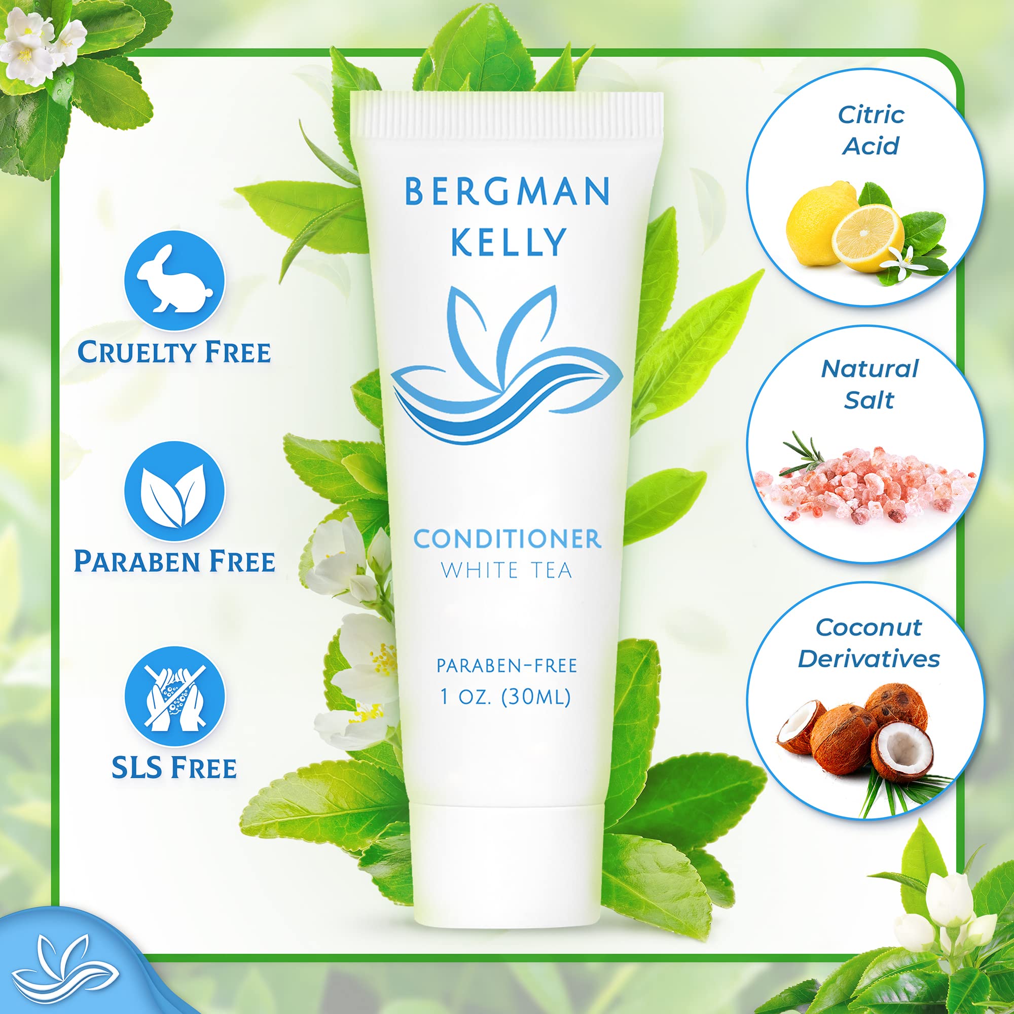 BERGMAN KELLY White Tea Hotel Conditioner (1 Fl Oz, 100 Pack Bulk) - Revitalizing Travel Size Conditioner for Hotels, Spas & Guest Amenities - Refreshing White Tea Scent for Luxurious Hospitality Experience