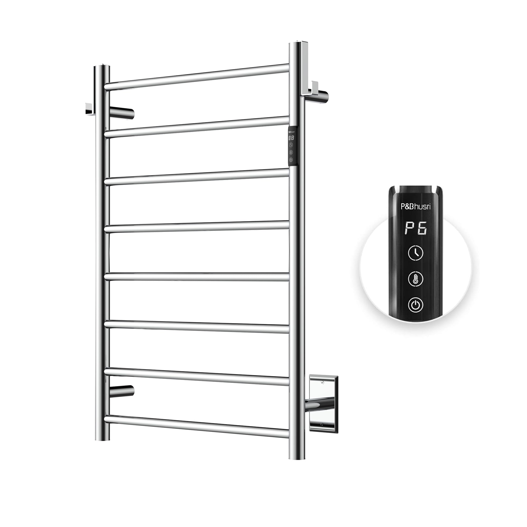 P&Bhusri Electric Heated Towel Rack for Bathroom - Wall Mounted 8-Bar Towel Warmer with Timer & LED Indicator, Stainless Steel Polished, Hard-Wired/Plug-in - Perfect for Spa, Luxury Bathrooms & Cold Weather Comfort