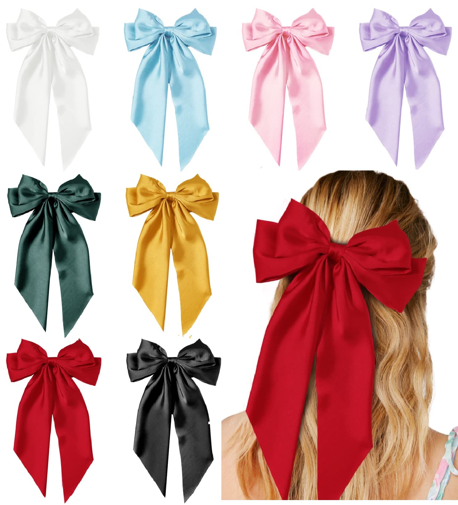 8 PCS Vintage Hair Bows for Women & Girls - Long Tail Ribbon Hair Clips | Elegant Hair Accessories for Parties, Weddings & Daily Wear