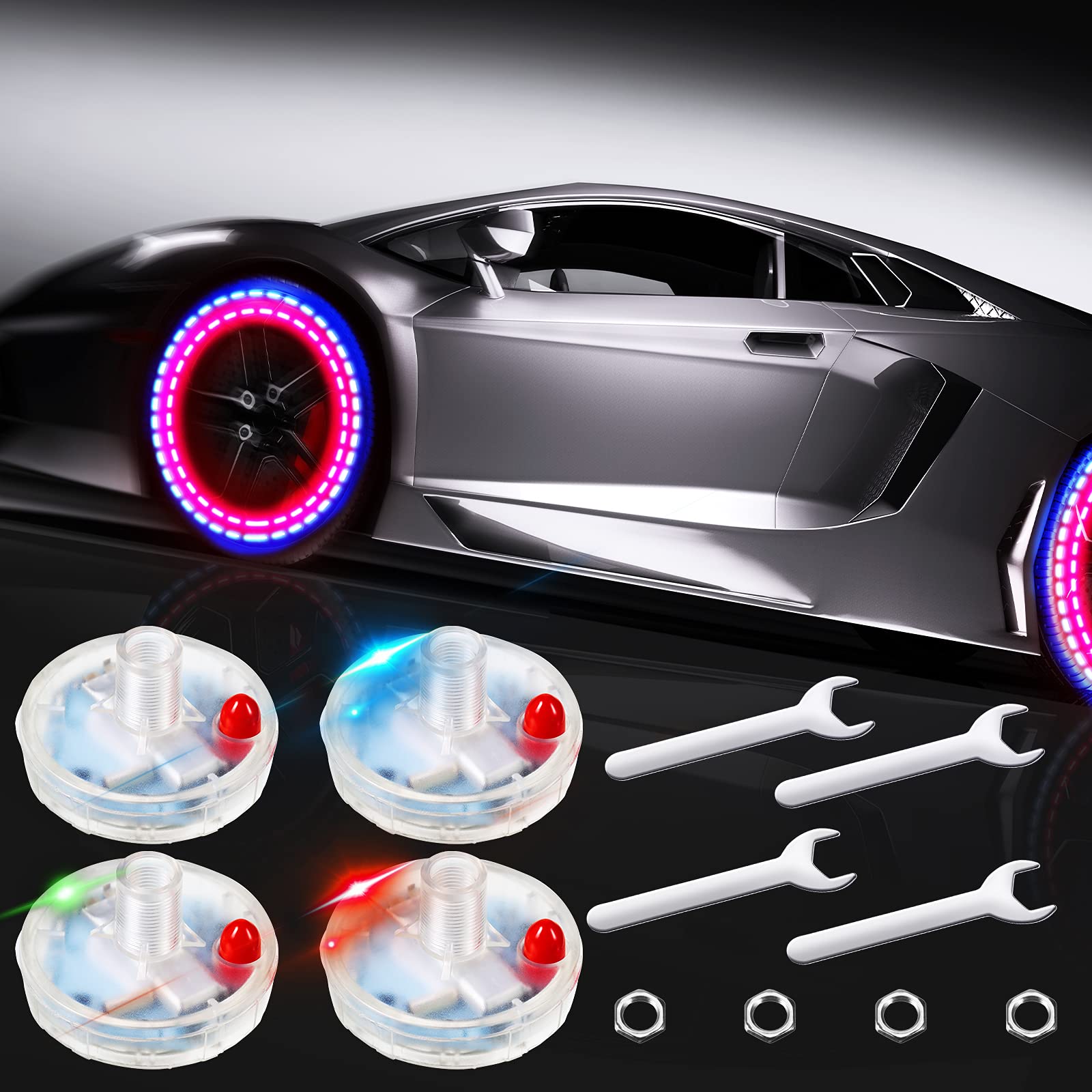 Frienda 4 Pack Solar LED Tire Valve Stem Lights - Waterproof Wheel Rim Lights for Cars, Motorcycles & Bicycles | Multi-Color Flashing Safety Lights for Night Driving & Vehicle Decoration