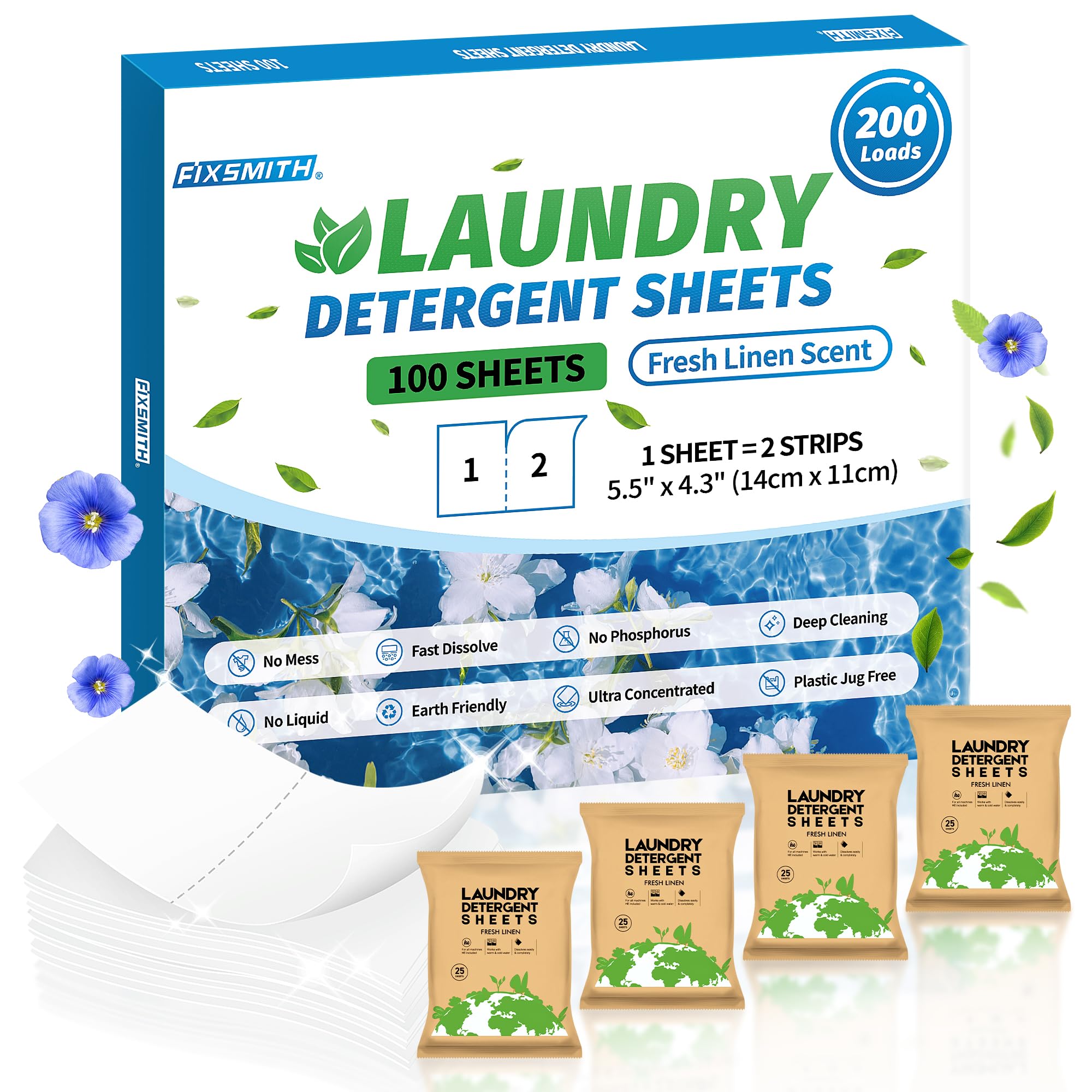 FIXSMITH Eco-Friendly Laundry Detergent Sheets - 200 Loads (100 Sheets) | Hypoallergenic, Plastic-Free & Ultra-Concentrated | Fresh Linen Scent | Perfect for Travel, Apartments & Sensitive Skin | Liquidless Laundry Detergent Strips for Sustainable Cleaning