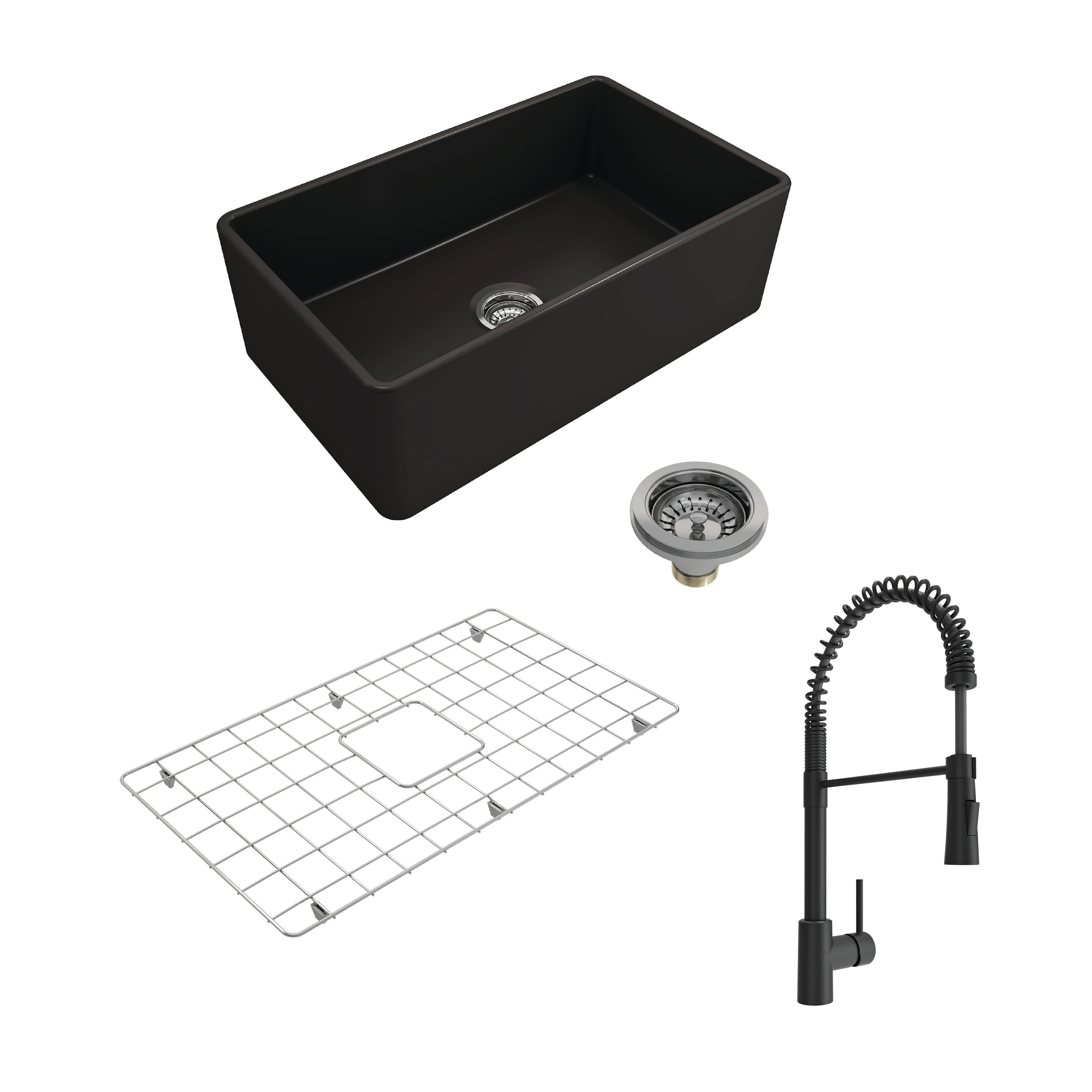 BOCCHI CLASSICO 30 Double Bowl Fireclay Farmhouse Sink w/ Grid, Strainer & Livenza Faucet