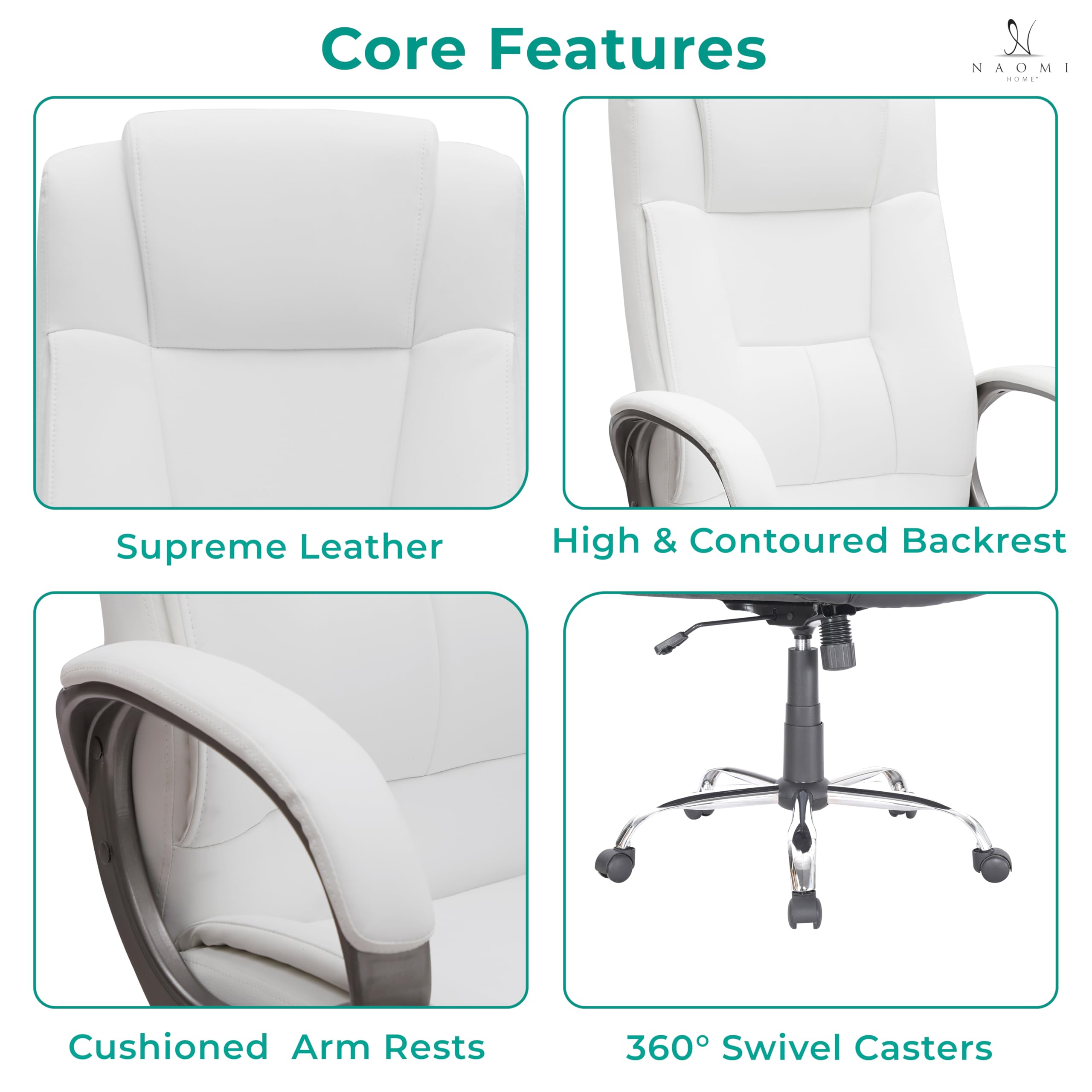 Premium Naomi Home Halle Executive Office Chair - High Back Ergonomic Desk Chair with Adjustable Height, Tilt & 360° Swivel - Lumbar Support & Padded Armrests - White Leather Computer Chair for Home & Office Use - Ideal for Long Work Hours, Gaming & Study Sessions