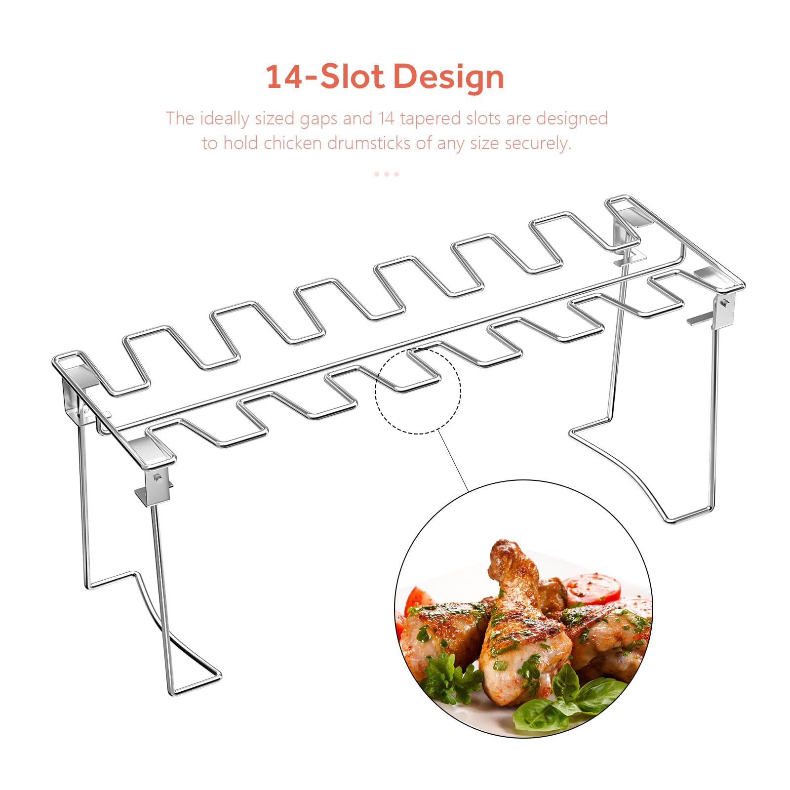 Premium Stainless Steel Chicken Leg Wing Rack for Grill with Drip Tray - 14 Slot Roaster Stand for Smoker, Oven & BBQ - Perfect for Outdoor Grilling, Picnics, Backyard Parties & Camping Cooking
