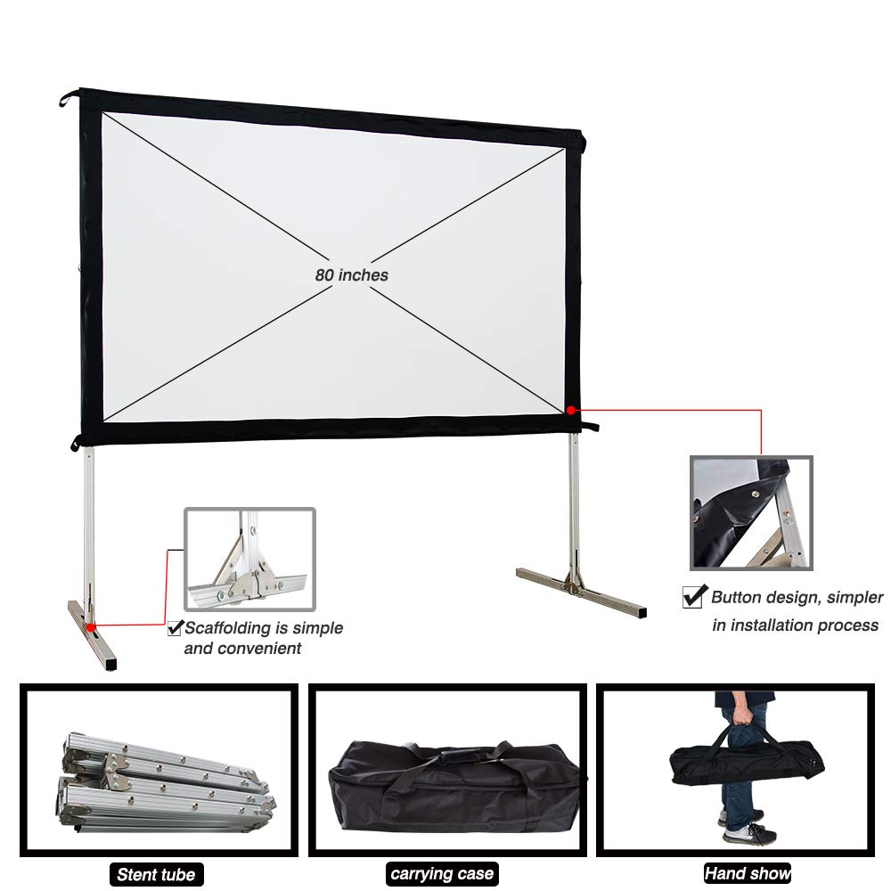 90 Inch Portable Projector Screen - Indoor & Outdoor Fast Folding 16:9 Front Projection Screen for Home Theater, Camping, Backyard Movies and Presentations (80 Inch Option Available)