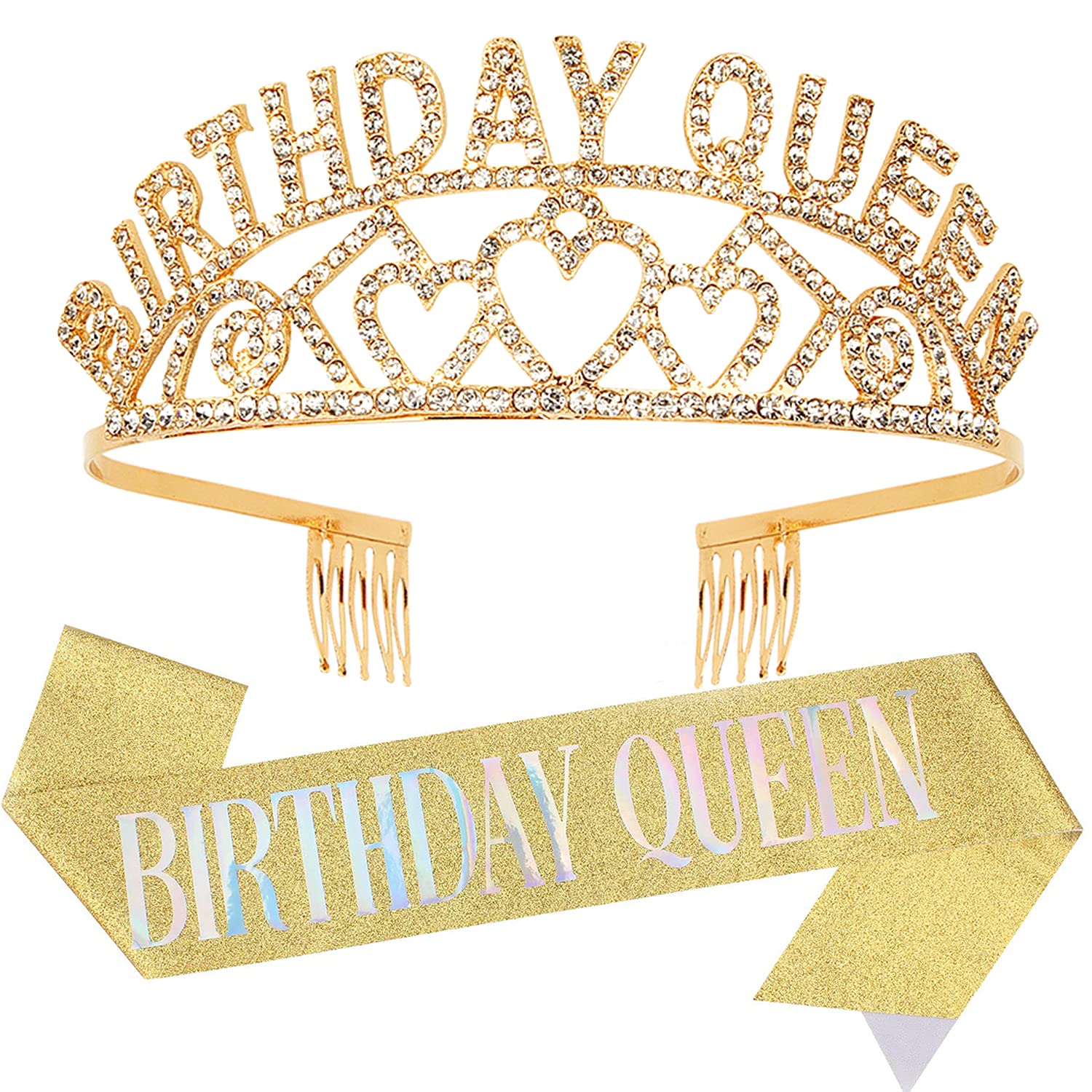 Birthday Queen Crown & Sash Set - Gold Tiara & Birthday Sash for Women & Girls - Perfect for Birthday Parties, Bachelorette Celebrations & Special Occasions