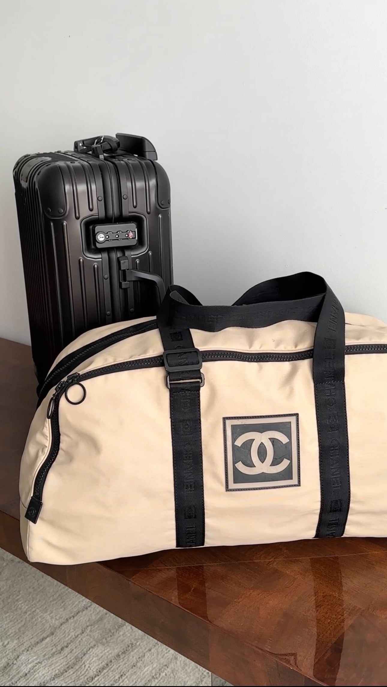 Vintage Chanel Sport 2002 XL Beige Nylon Duffle Bag - Travel Duffel for Women, Gym Bag, Weekend Getaway & Luxury Designer Tote
