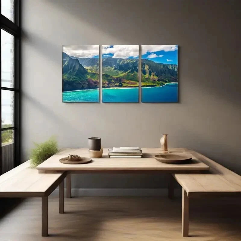 3pcs Metal Print Wall Art - Stunning Napali Coast Kauai Island Landscape - Ready to Hang Home Decor for Living Room, Bedroom & Office
