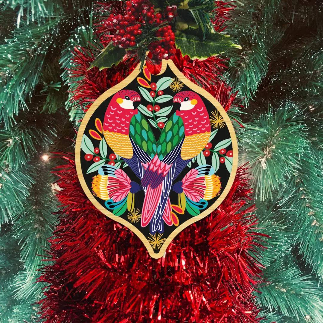 Rosella Birds Christmas Card & Wooden Ornament - Festive Holiday Greeting Card with Handcrafted Wooden Bauble for Christmas Tree Decorations & Gift Giving