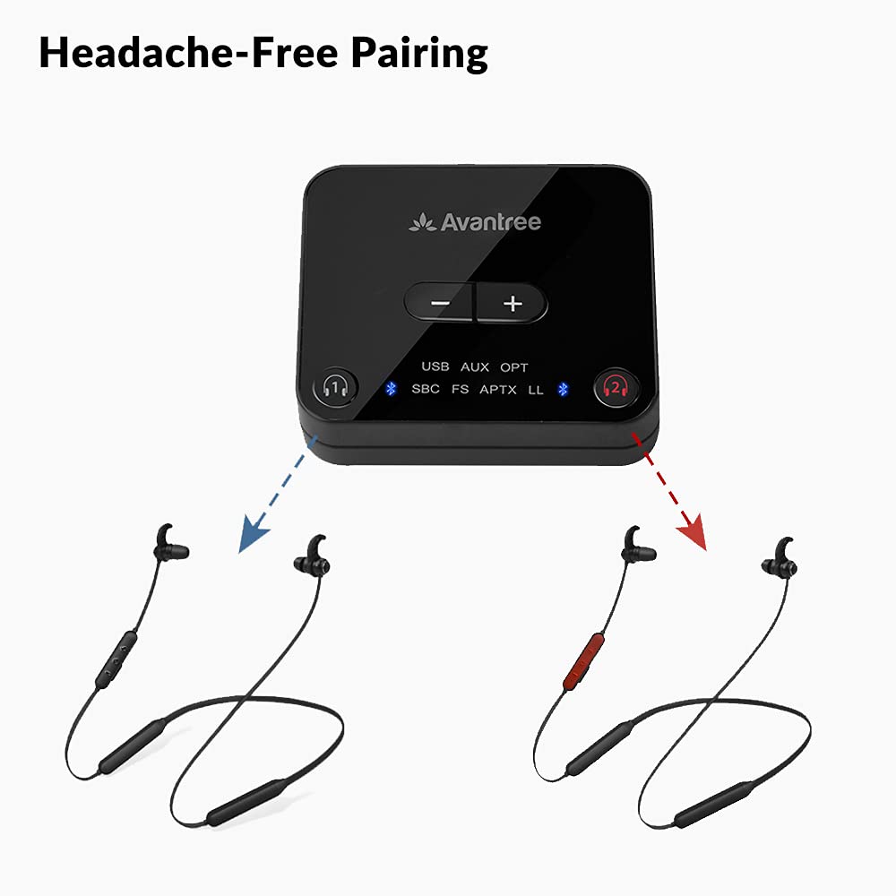 Avantree HT41866 Wireless Bluetooth Earbuds for TV - 20H Neckband Headphones with Optical/RCA/AUX Transmitter, Plug & Play, Zero Latency - Perfect for Late Night TV Watching, Gaming & Private Listening