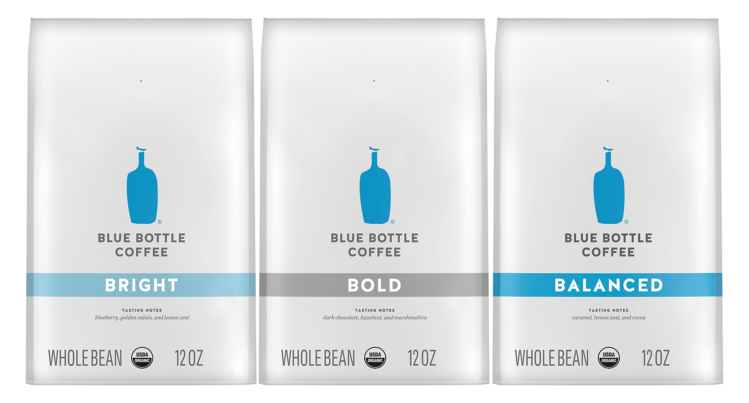 Organic Whole Bean Coffee Variety Pack by Blue Bottle - 3 Bags (Bright, Bold & Balanced Blend) 12oz Each - Perfect for Home Brewing, Office & Gifting