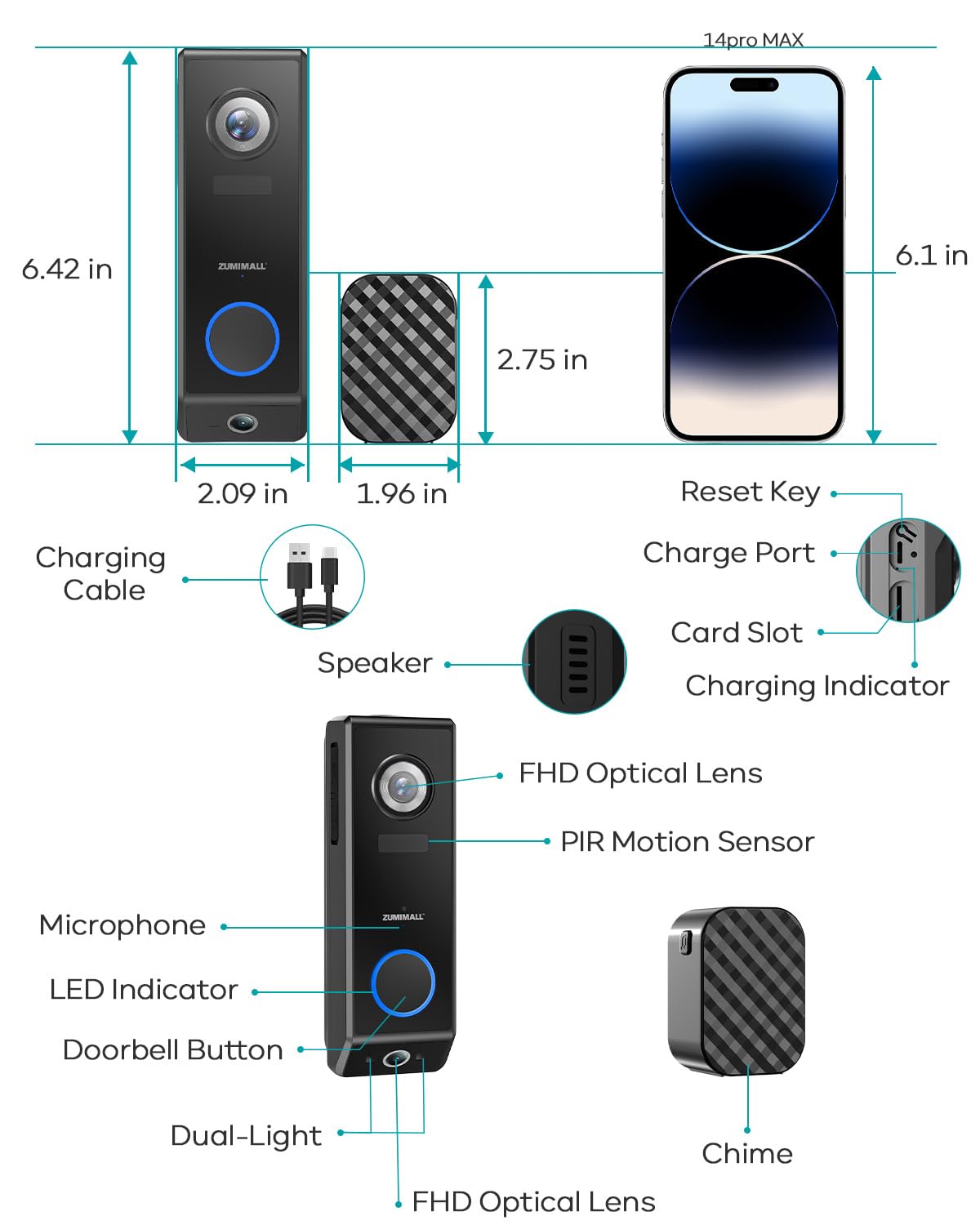 ZUMIMALL 2K HD Dual Lens Video Doorbell Camera with Wireless Chime - Solar & Battery Powered, No Monthly Fees, Wireless/Wired Installation, 2-Way Talk, IP65 Weatherproof, Cloud Storage, Alexa Compatible, PIR Motion Detection, AI Recognition, 2.4G WiFi - Perfect for Home Security & Smart Door Monitoring