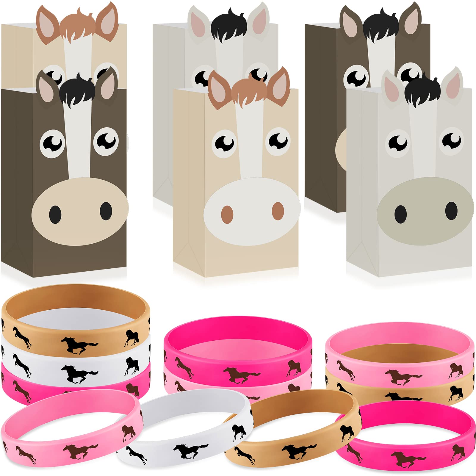 36 Pcs Horse Party Favors Set - Horse Treat Favor Bags, Cowboy Candy Bags & Rubber Bracelets for Horse Birthday Party, Baby Shower - Perfect for Western Theme Events, Kids Birthday Decorations & Equestrian Party Supplies