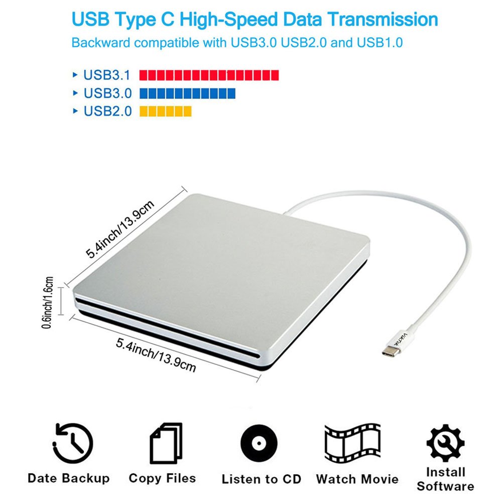 USB-C Superdrive External DVD/CD Reader and Burner - Compatible with MacBook Air/Pro, iMac, Mac Mini, ASUS, Dell Latitude - Plug & Play (Silver) | Perfect for Watching Movies, Burning CDs, and Installing Software on Laptops Without Built-in Drives