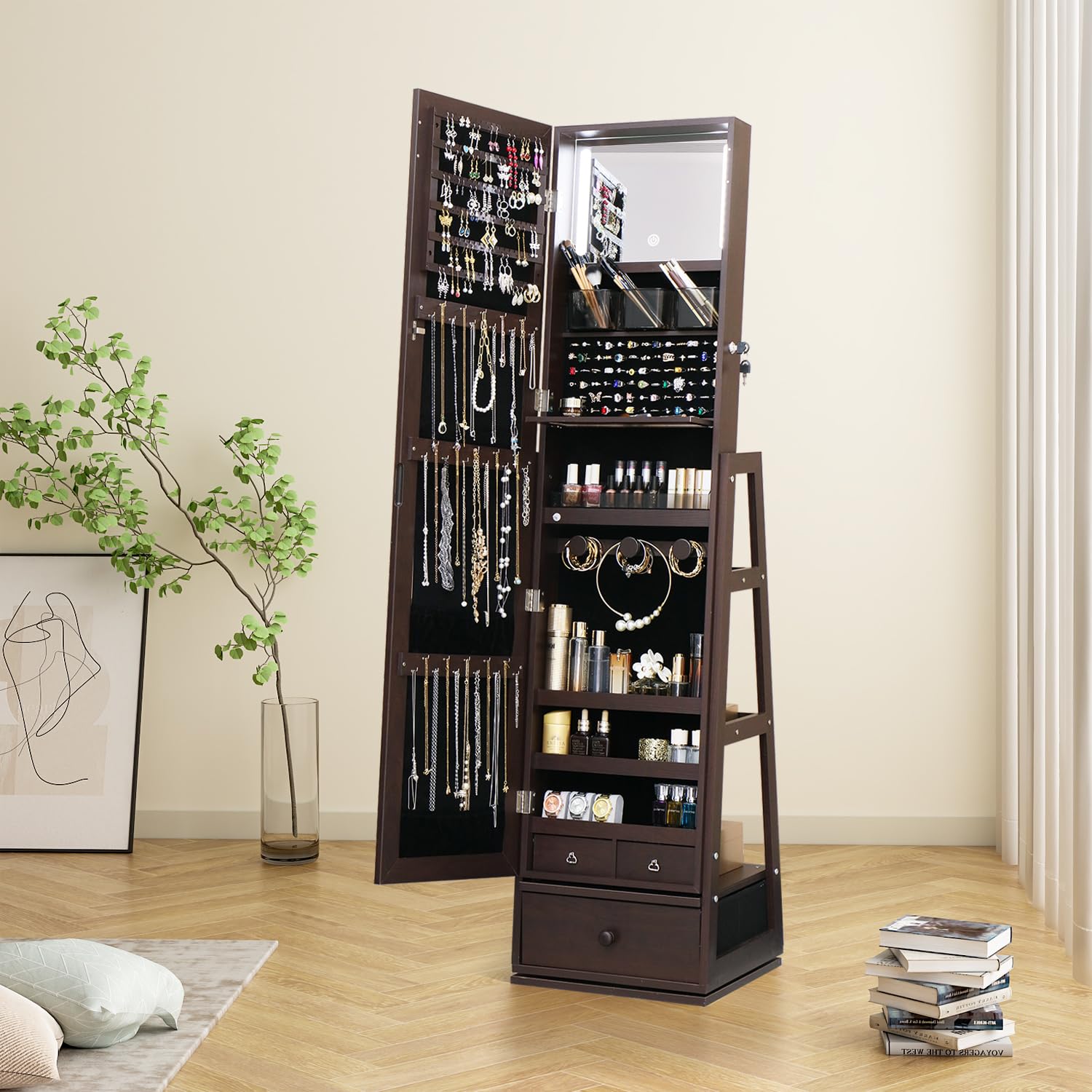Swivel Full-Length Mirror Jewelry Cabinet with Lockable Storage - 63.7