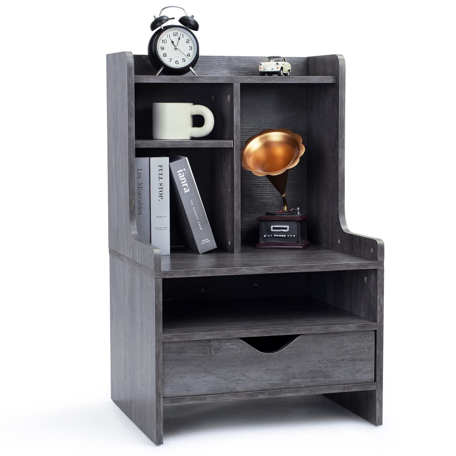 Modern Dark Grey Nightstand with Open Bookshelf & Drawers - Stylish Bedside Table for Bedroom, Living Room, or Office Storage
