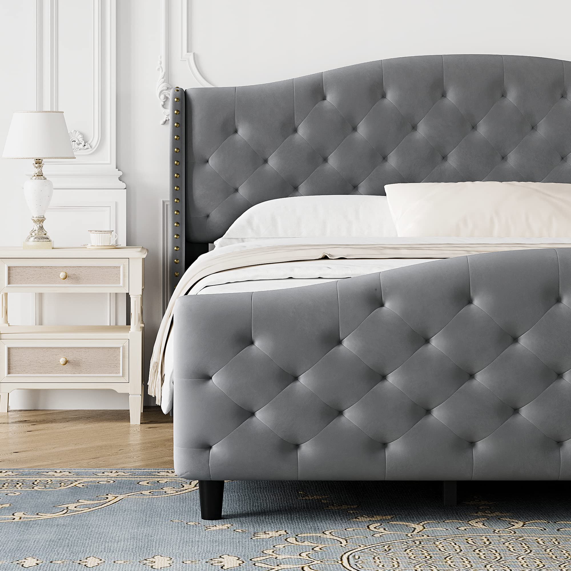 Alkmaar King Size Bed Frame with Upholstered Headboard & Footboard - Velvet Tufted Platform Bed, No Box Spring Required, Easy Assembly, Grey - Perfect for Master Bedroom, Guest Room & Modern Home Decor