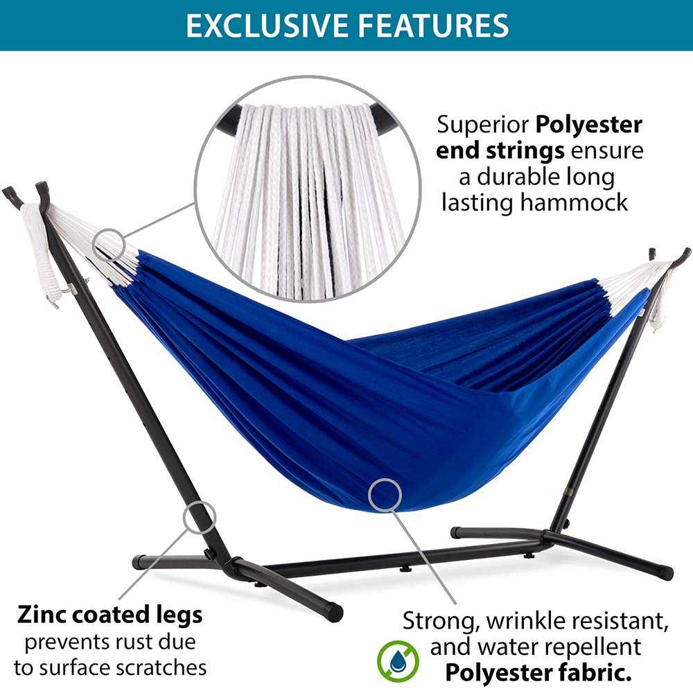 Vivere Double Hammock with Space-Saving Steel Stand & Carry Bag - 450 lb Capacity, Royal Blue - Perfect for Backyard, Camping, Beach & Outdoor Relaxation