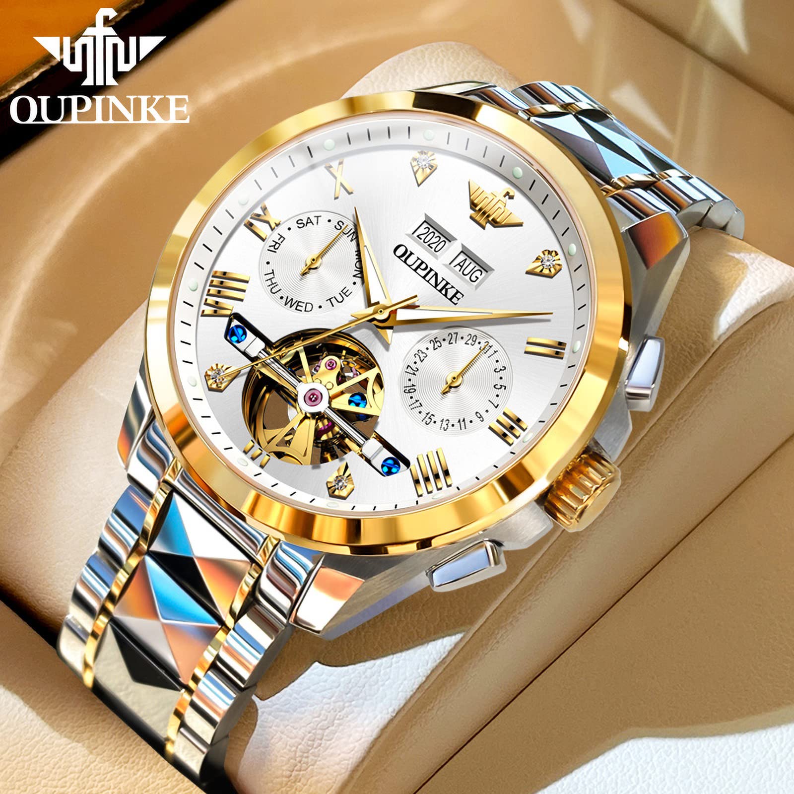 OUPINKE Automatic Skeleton Watch for Men - Self-Winding Mechanical Watch with Hollow Design, Sapphire Crystal, 50M Waterproof & Tungsten Steel Case - Perfect for Business, Formal Events & Everyday Wear