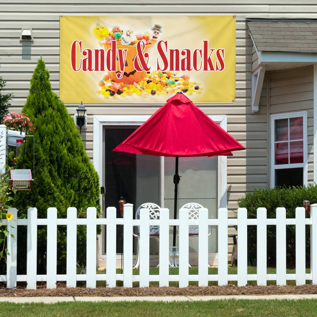 Durable Vinyl Banner for Candy & Snacks - Weatherproof Outdoor Sign for Restaurants, Cafes, Bars (48x96 Inches, Yellow, 8 Grommets) - Perfect for Business Advertising, Events, and Yard Signs
