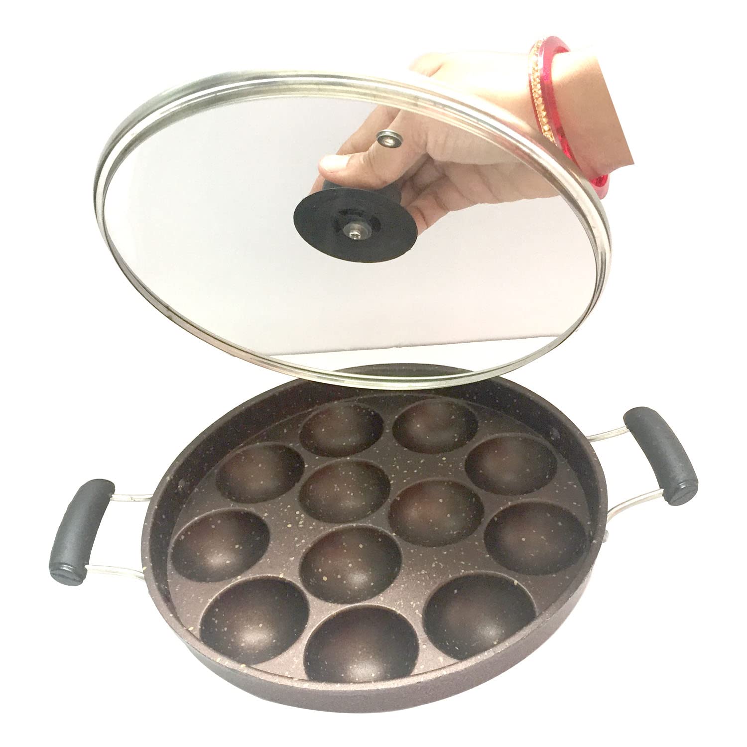 Non-Stick Appam Pan Maker with Glass Lid - 2 Side Handles for Easy Use - Paniyaram Pan Gas Stove Compatible - Perfect for Making Appam, Paniyaram & Indian Breakfast Dishes - Ideal for Home Cooking & Traditional South Indian Recipes