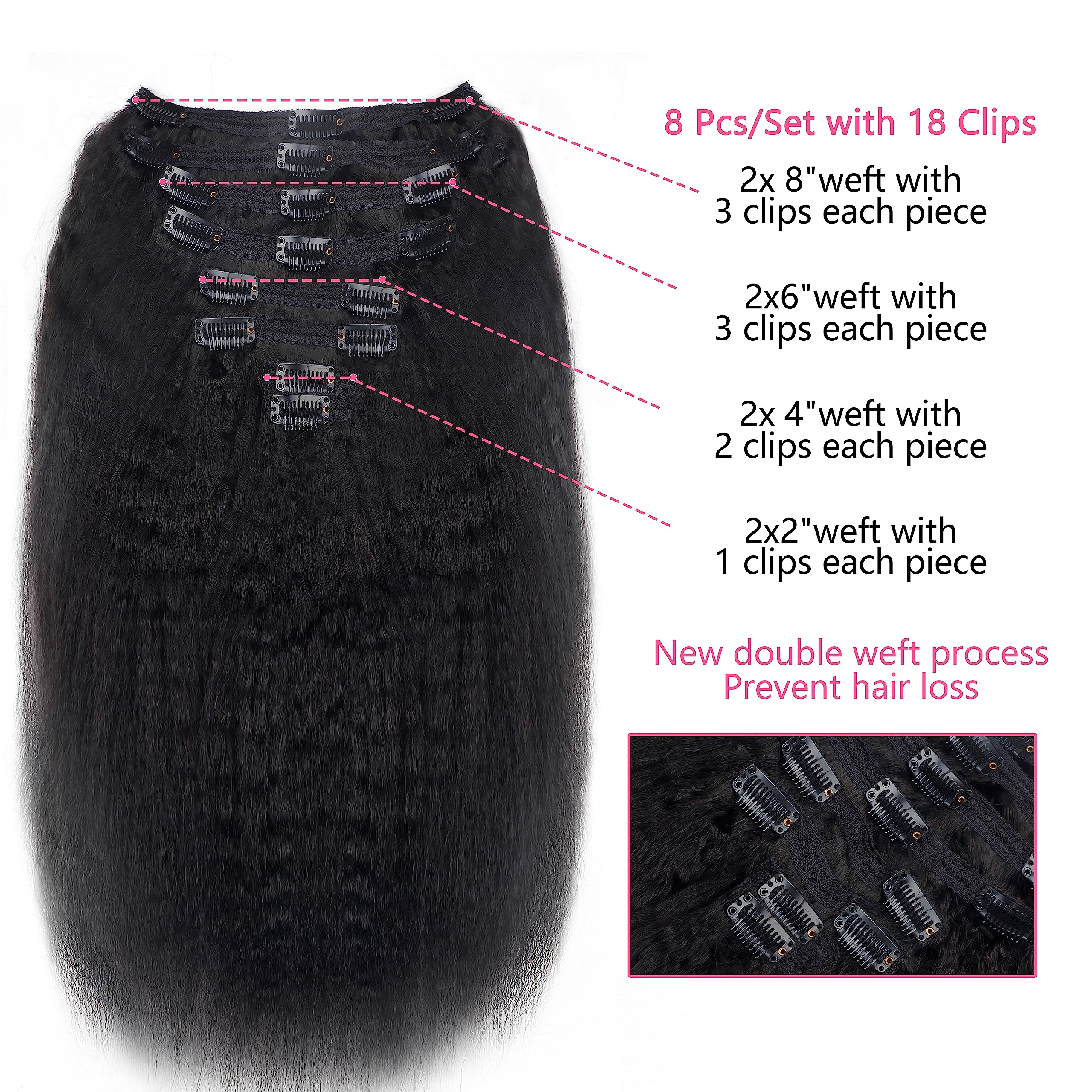 100% Unprocessed Brazilian Virgin Human Hair Clip-In Extensions – 8pcs Kinky Straight 14