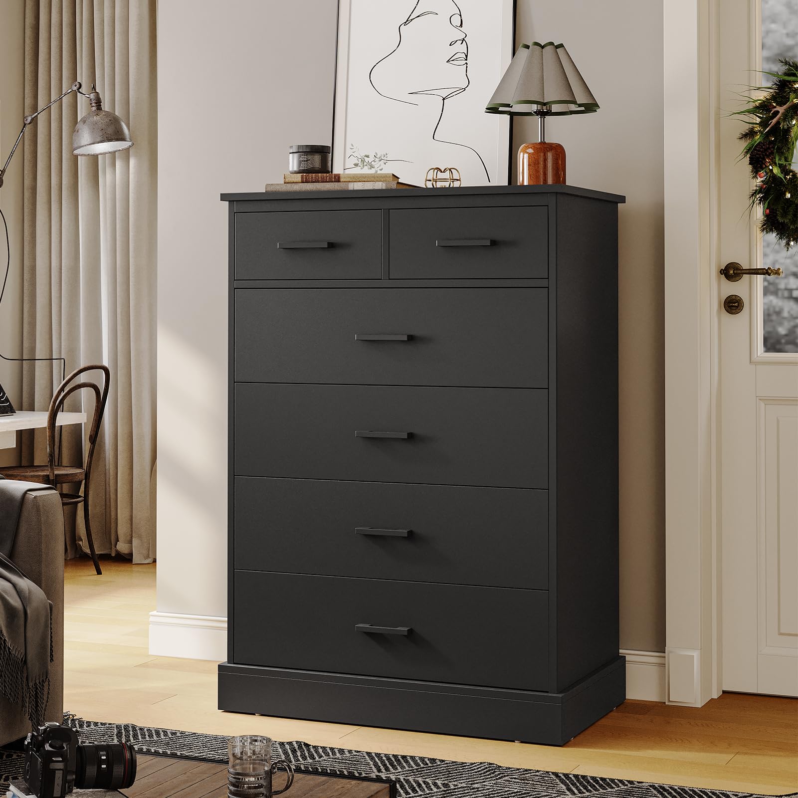 Hasuit 6-Drawer Black Wood Dresser for Bedroom - Large Capacity Storage Cabinet & Clothes Organizer - Tall Chest of Drawers for Hallway, Entryway | Perfect for Bedroom Storage, Closet Organization & Entryway Décor