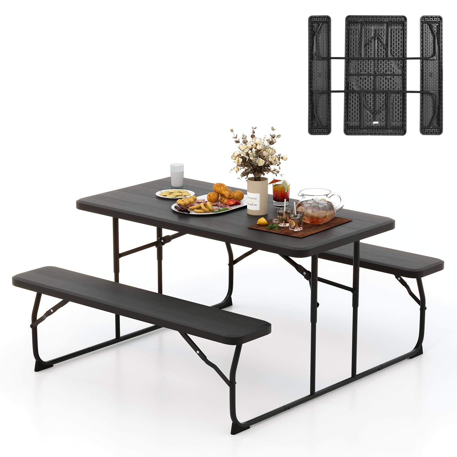 Tangkula Folding Picnic Table with 2 Benches - Portable Outdoor Metal Camping Table Set with Durable Wood-Like Plastic Tabletop & Sturdy Steel Frame - Foldable for Picnics, Parties, BBQs, Camping, Backyard & Beach (Black)