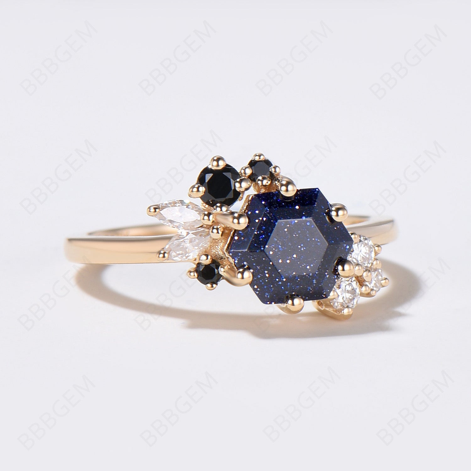 Hexagon Blue Sandstone Ring - Cluster Engagement Ring for Women, Sterling Silver Wedding Band, Boho Chic Jewelry Gift for Her - Perfect for Proposals, Anniversaries & Special Occasions