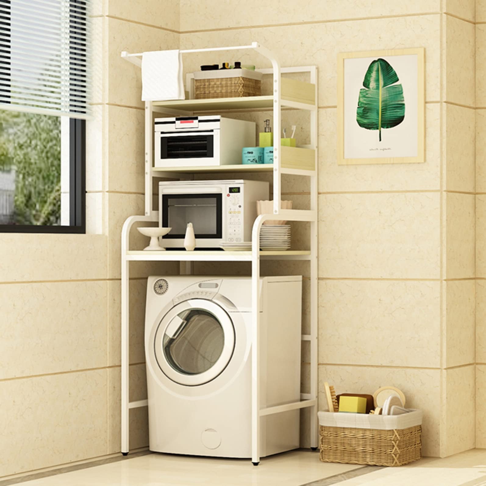Over Toilet Storage Shelves - Heavy Duty Floor Standing Washer & Dryer Organizer for Bathroom, Laundry Room, Balcony & Kitchen - Multi-Functional Space Saving Storage Rack (D)