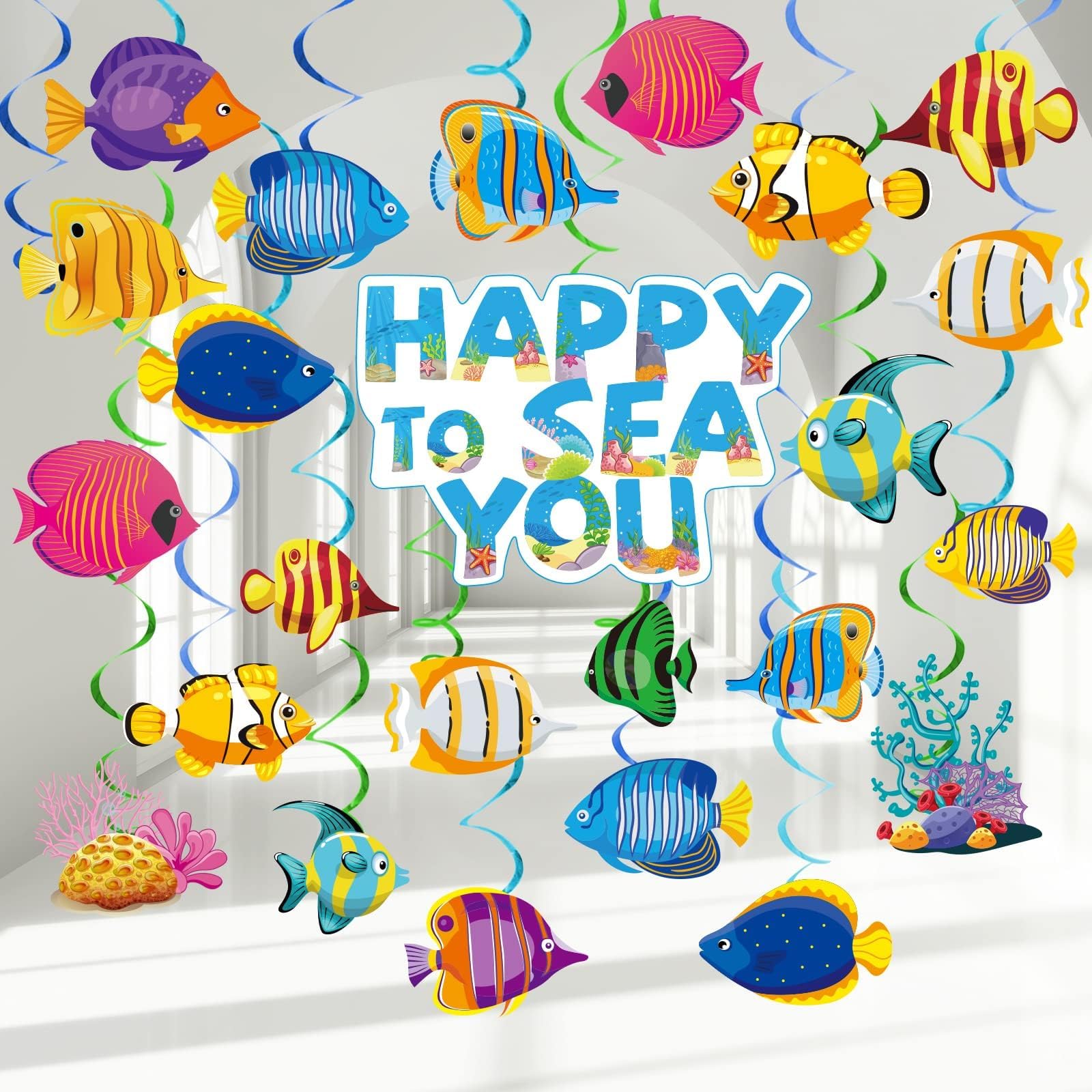 66 Pcs Tropical Fish Hanging Ceiling Swirls - Under The Sea Party Decorations, Ocean Themed Spiral Decor for Kids, Boys & Girls - Perfect for Mermaid Birthday Parties, Ocean Creature Themed Events & Classroom Decorations