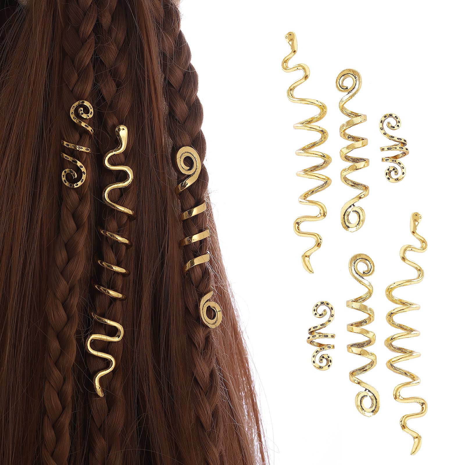 Gold Snake Hair Jewelry for Braids - 6 Pack Halloween Hair Accessories for Women, Dreadlock Beads & Braid Decorations - Perfect for Costume Parties, Cosplay & Boho Hairstyles
