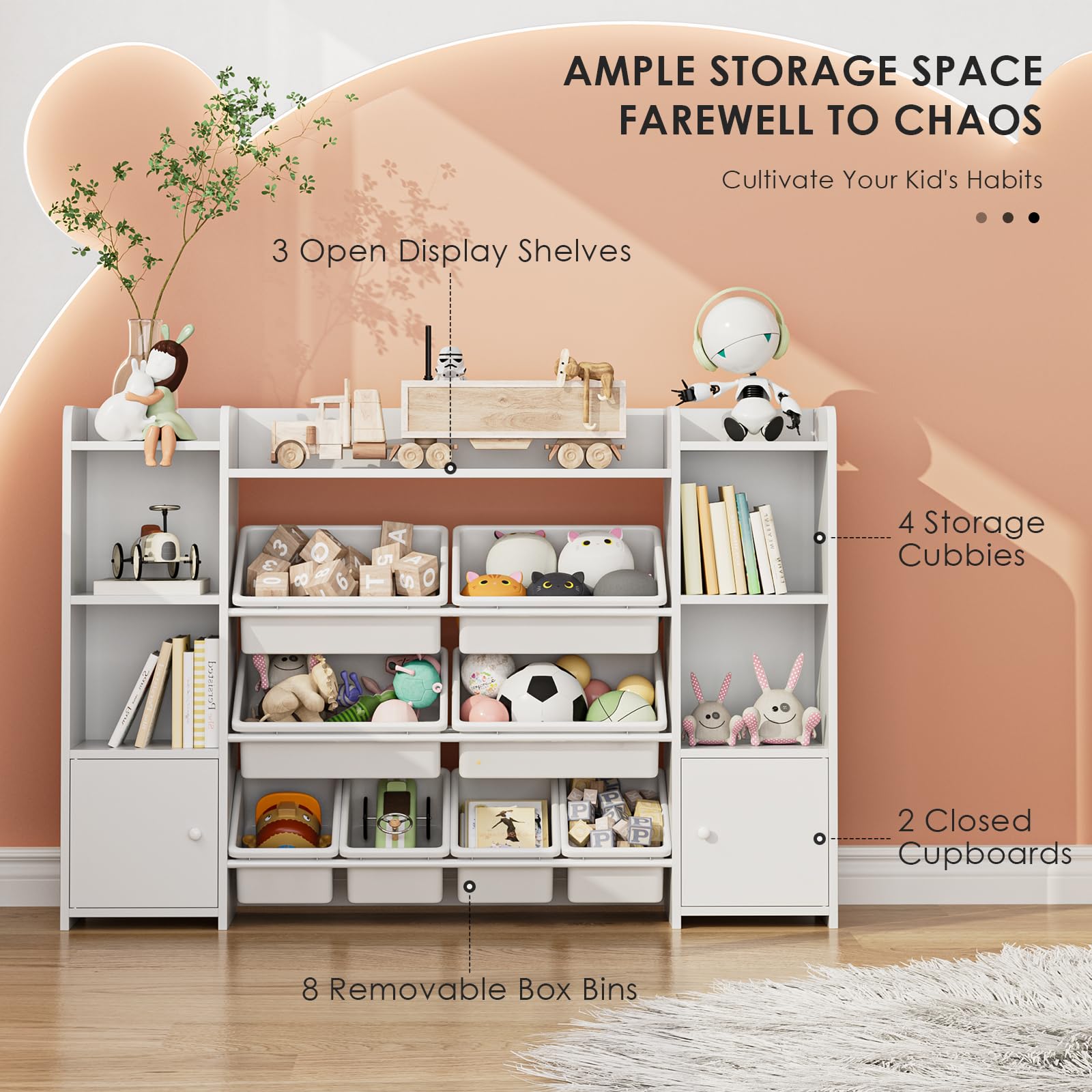 FOTOSOK 55-Inch Large Kids Toy Storage Organizer with 8 Bins & 6 Cubbies - Sturdy Bookshelf & Playroom Organization System for Toys, Books & Games - Perfect for Nursery, Daycare or Playroom (White)