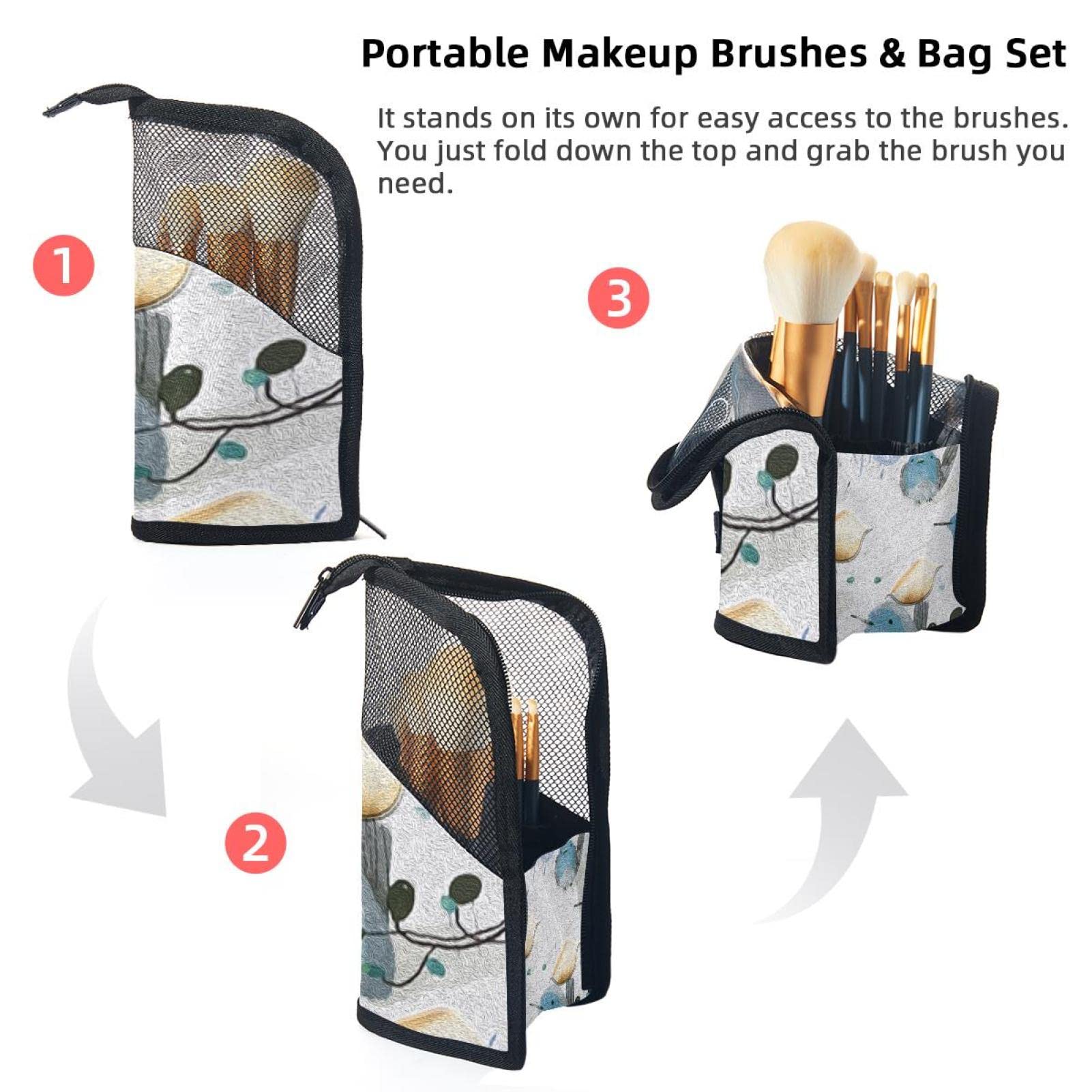 12-Piece Makeup Brush Organizer Bag with Portable Holder Case - Ink Painting Bird Design for Travel & Home Storage | Perfect for Makeup Artists & Beauty Enthusiasts