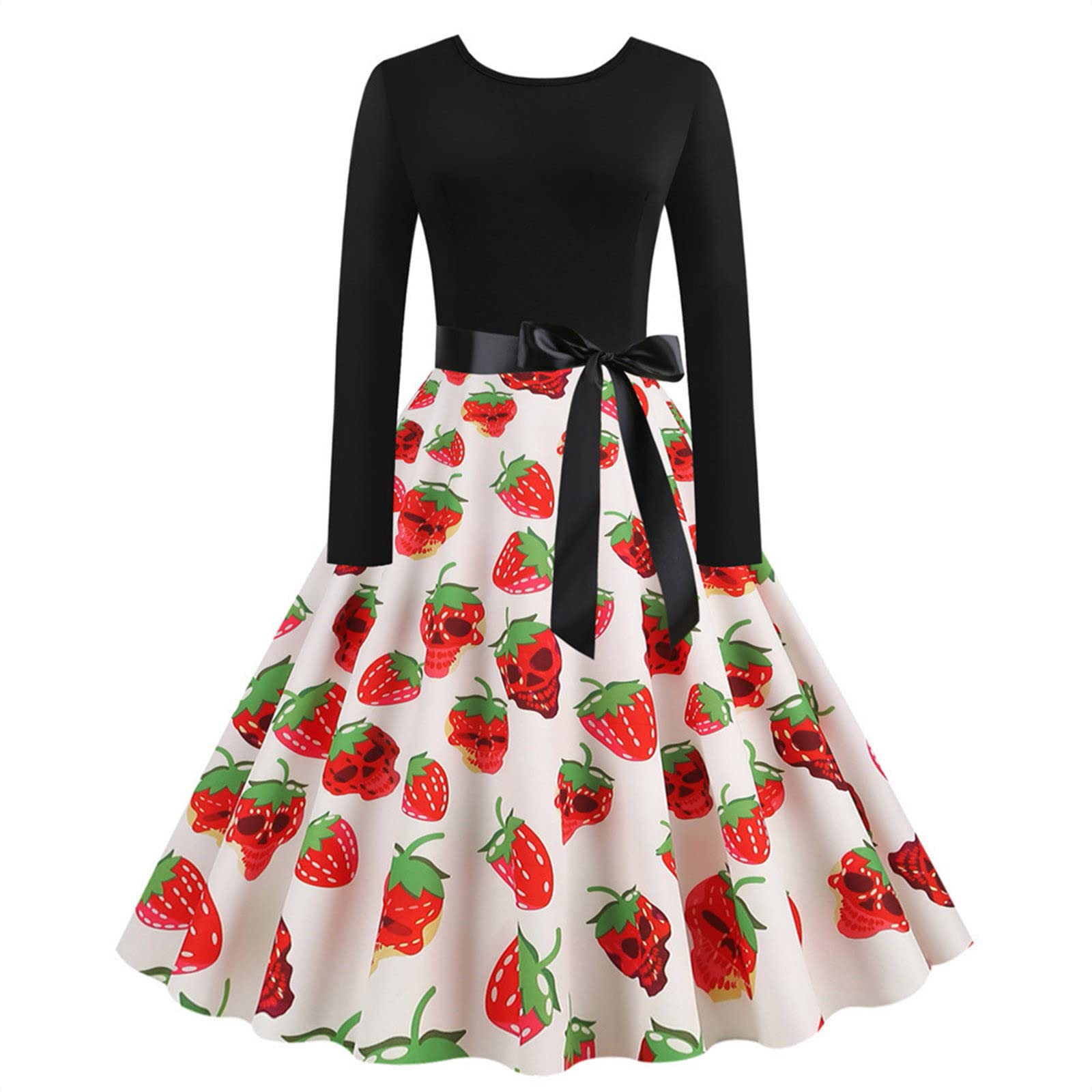 Women's Halloween Costume Dress - Round Neck, Long Sleeves, High Waist with Bow Belt | Printed Party Outfit for Halloween, Cosplay, and Themed Events