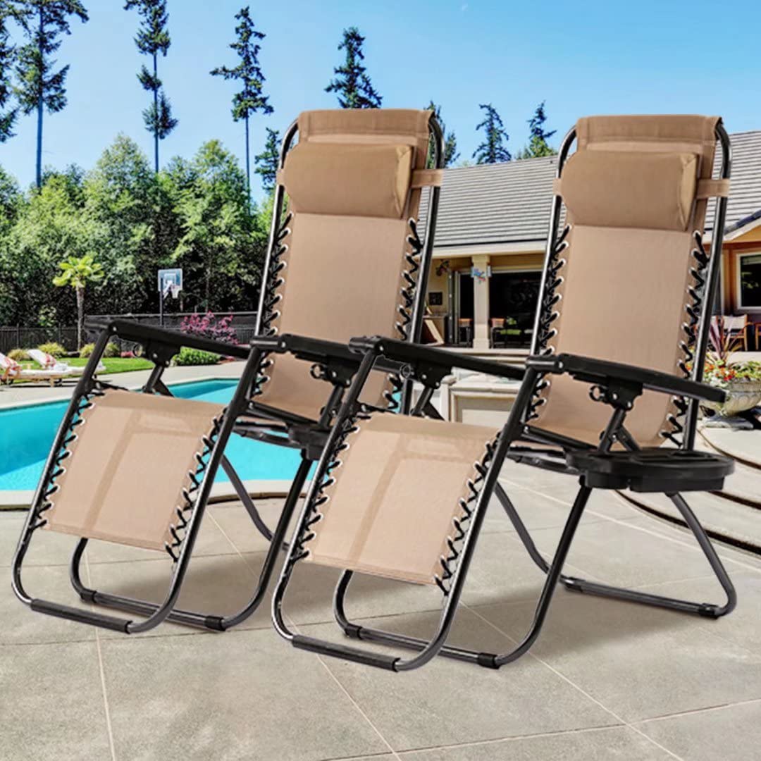 Zero Gravity Reclining Lounge Chairs Set of 2 - Adjustable Outdoor Patio Chairs with Pillow & Cup Holder, Portable Folding Recliners for Backyard, Poolside, Beach, Camping - Perfect for Relaxing in Sun, Tan