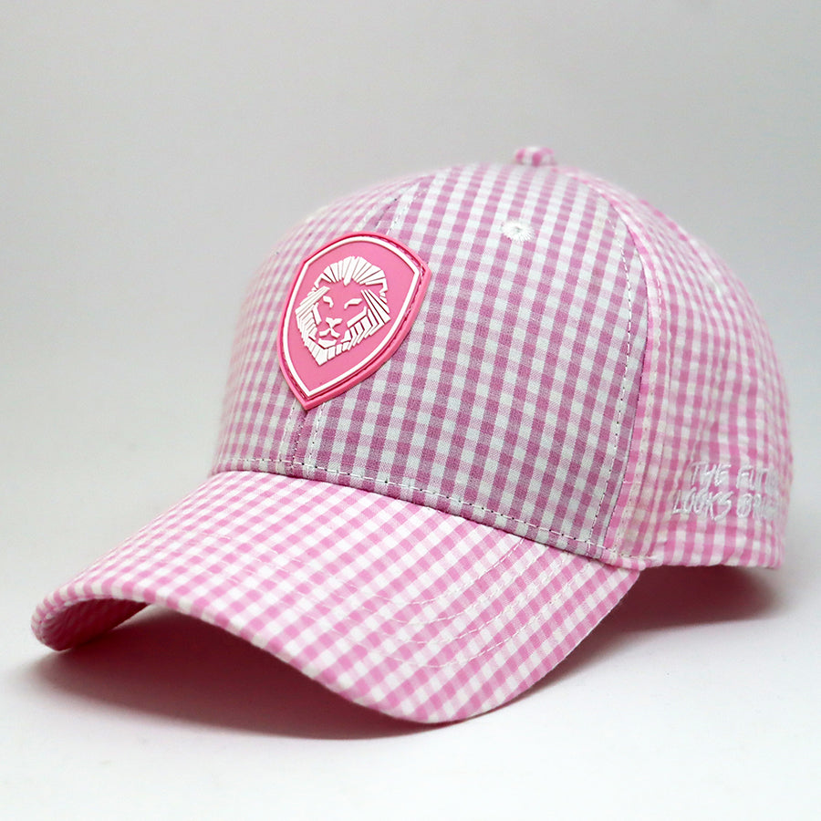VT Shield Future Looks Bright Pink Gingham Check Snapback Hat - Stylish Baseball Cap for Women & Men - Perfect for Summer Outfits, Beach Vacations & Outdoor Activities
