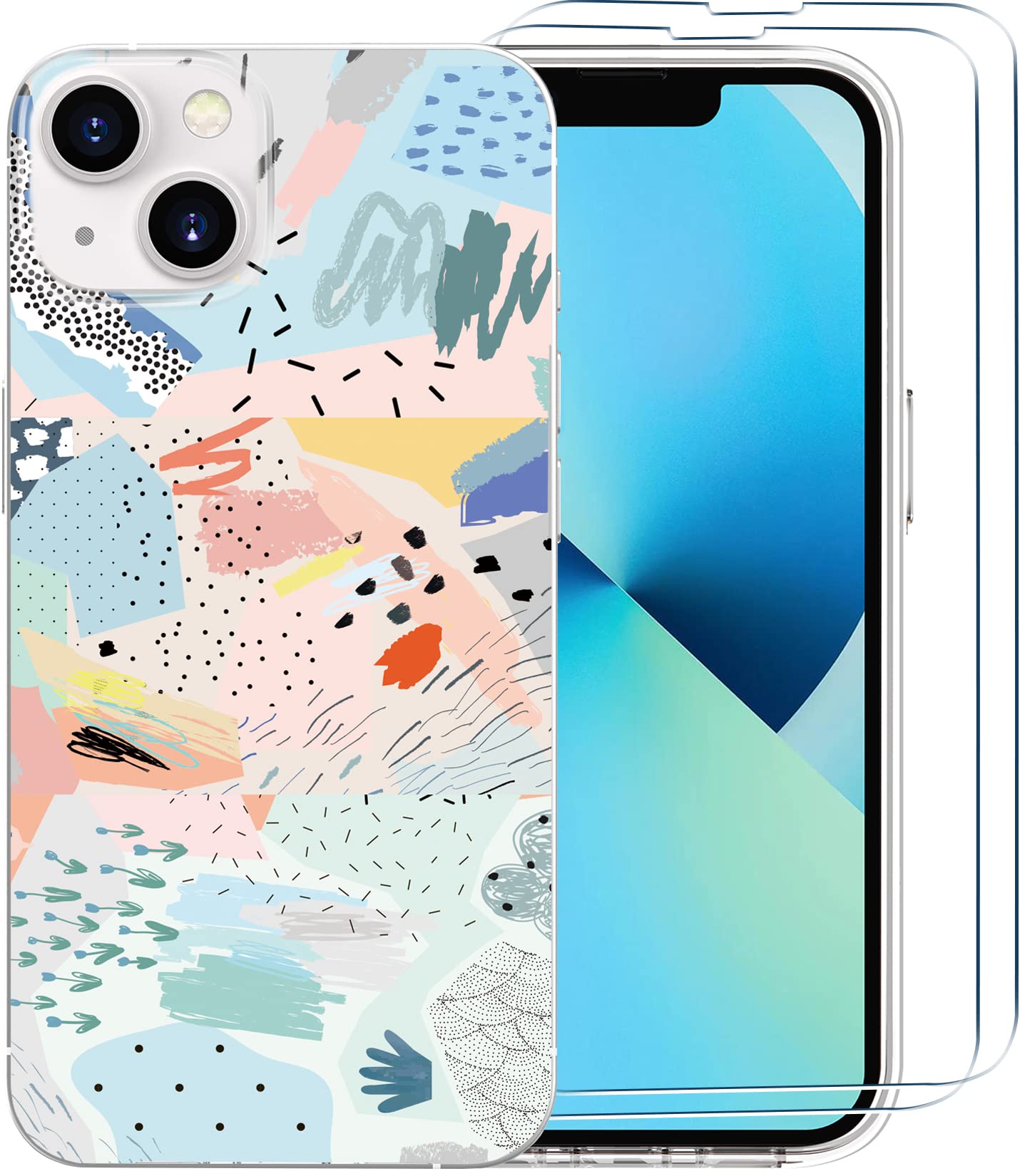 Cute Marble Glitter iPhone 13 Case with Tempered Glass Screen Protectors (2-Pack) - Slim Clear Shockproof Silicone Bumper Cover for iPhone 13 6.1
