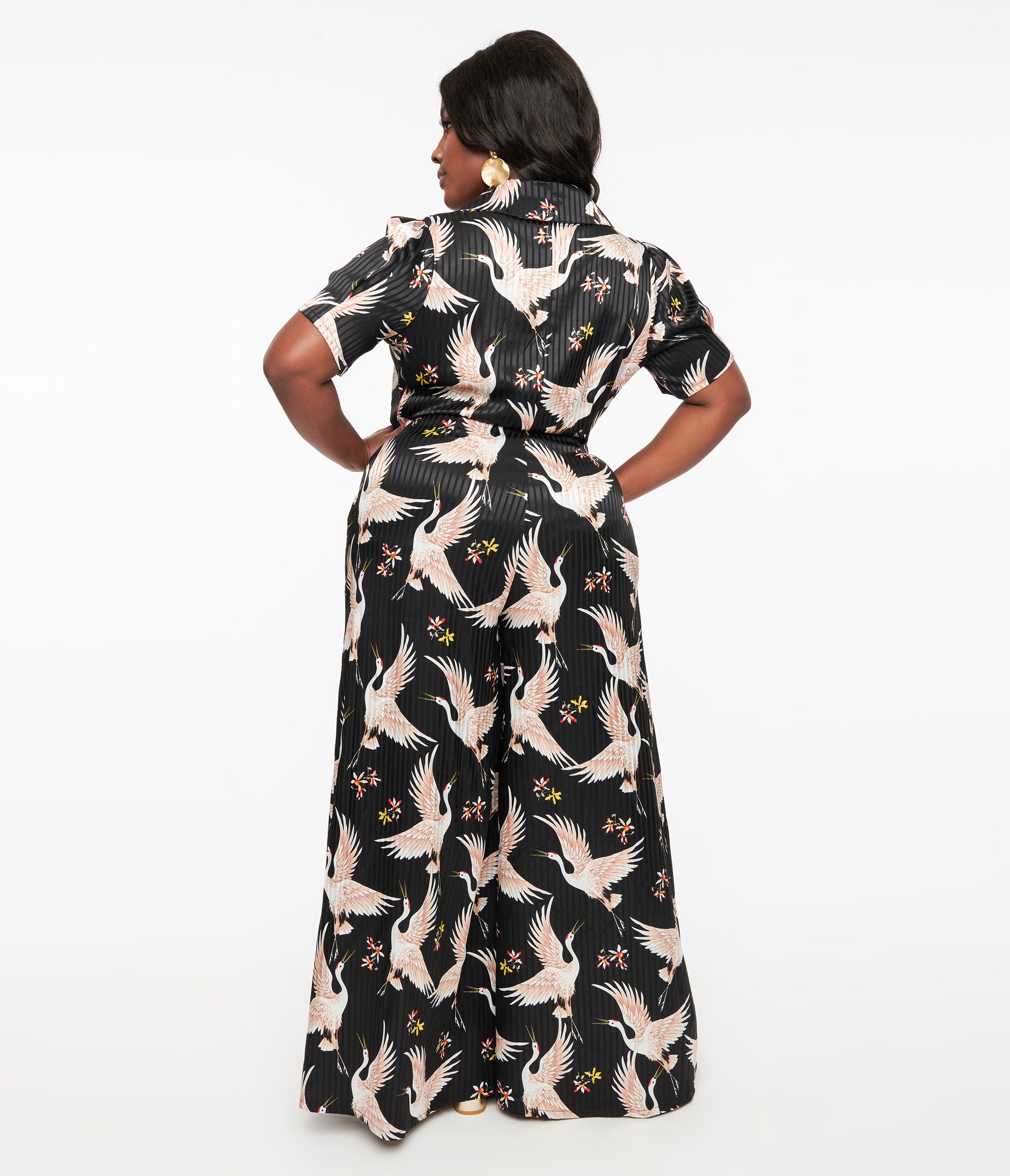 Vintage 1940s Black & White Cranes Flare Jumpsuit - Retro Fashion for Women, Unique 1940s Style Wide Leg Romper - Perfect for Themed Parties, Vintage Events & Retro Photo Shoots