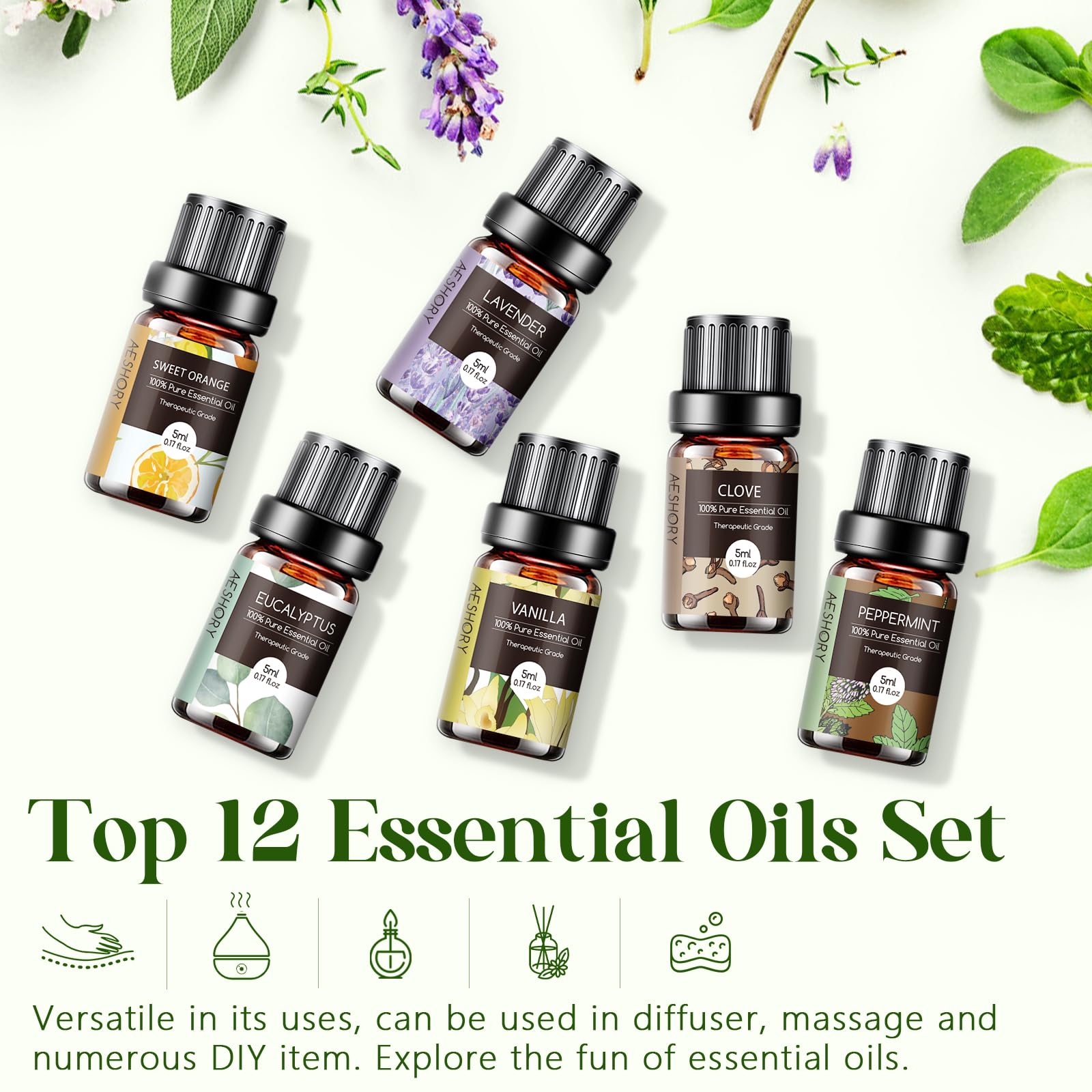12-Piece Essential Oils Set - 100% Pure Aromatherapy Kit for Diffusers, Humidifiers, Massage, Soap & Candle Making (5mL Each) | Perfect for Relaxation, Spa, Yoga & Home Fragrance