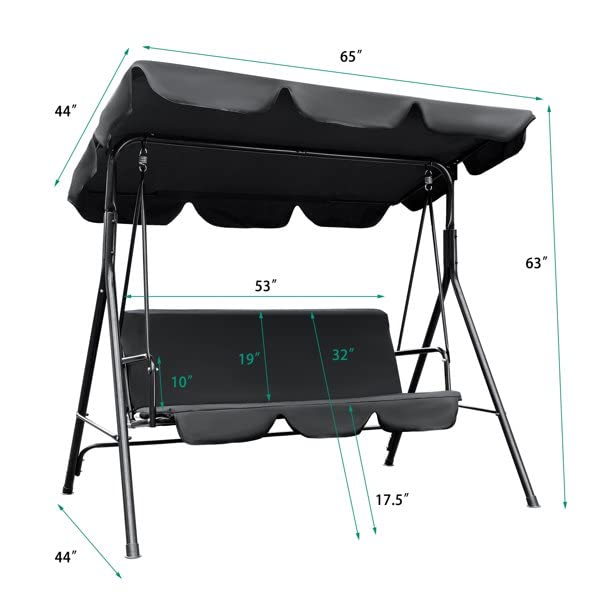 2-Person Outdoor Porch Swing Chair with Canopy - 3-Seat Patio Hanging Glider, Weather-Resistant Powder-Coated Steel Frame & Removable Cushions for Garden, Backyard, Deck - Perfect for Relaxing, Lounging & Enjoying Nature