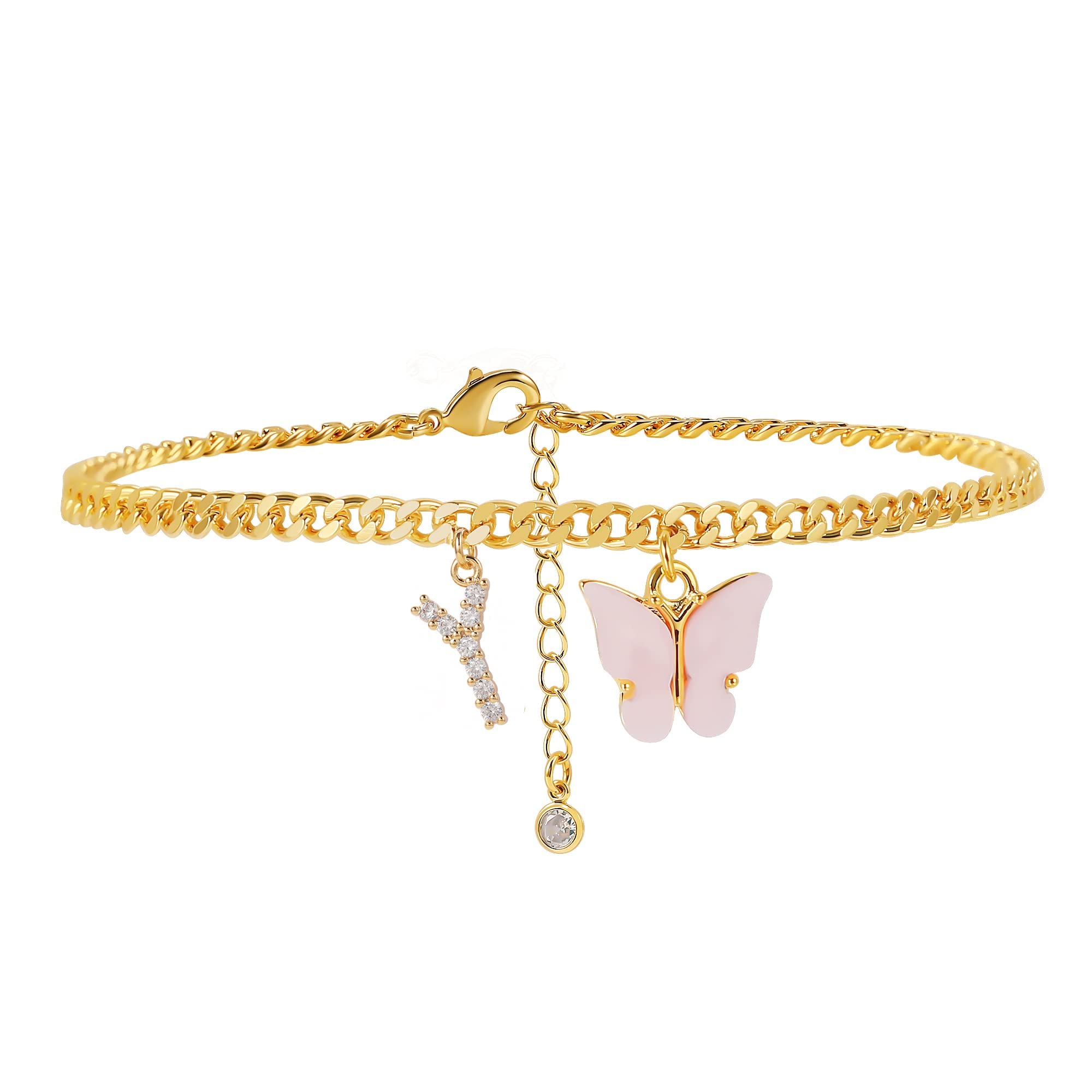 Gold Plated Ankle Bracelets for Women - Dainty Initial Letter Butterfly Cuban Chain Foot Jewelry - Perfect for Summer Beach, Vacation, and Teen Girl Fashion Accessories