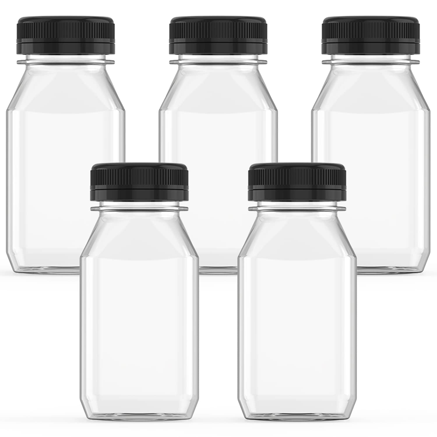 5 Pack 8 oz Plastic Juice Bottles with Black Lids - Reusable Drink Containers for Juice, Smoothies, Milk & Homemade Beverages (250ml) - Perfect for Meal Prep, Party Favors & On-the-Go Drinks